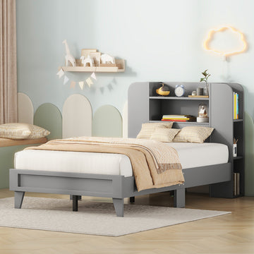 Twin Size Platform Bed With Storage Headboard,Multiple Storage Shelves On Both Sides,Grey Grey Wood