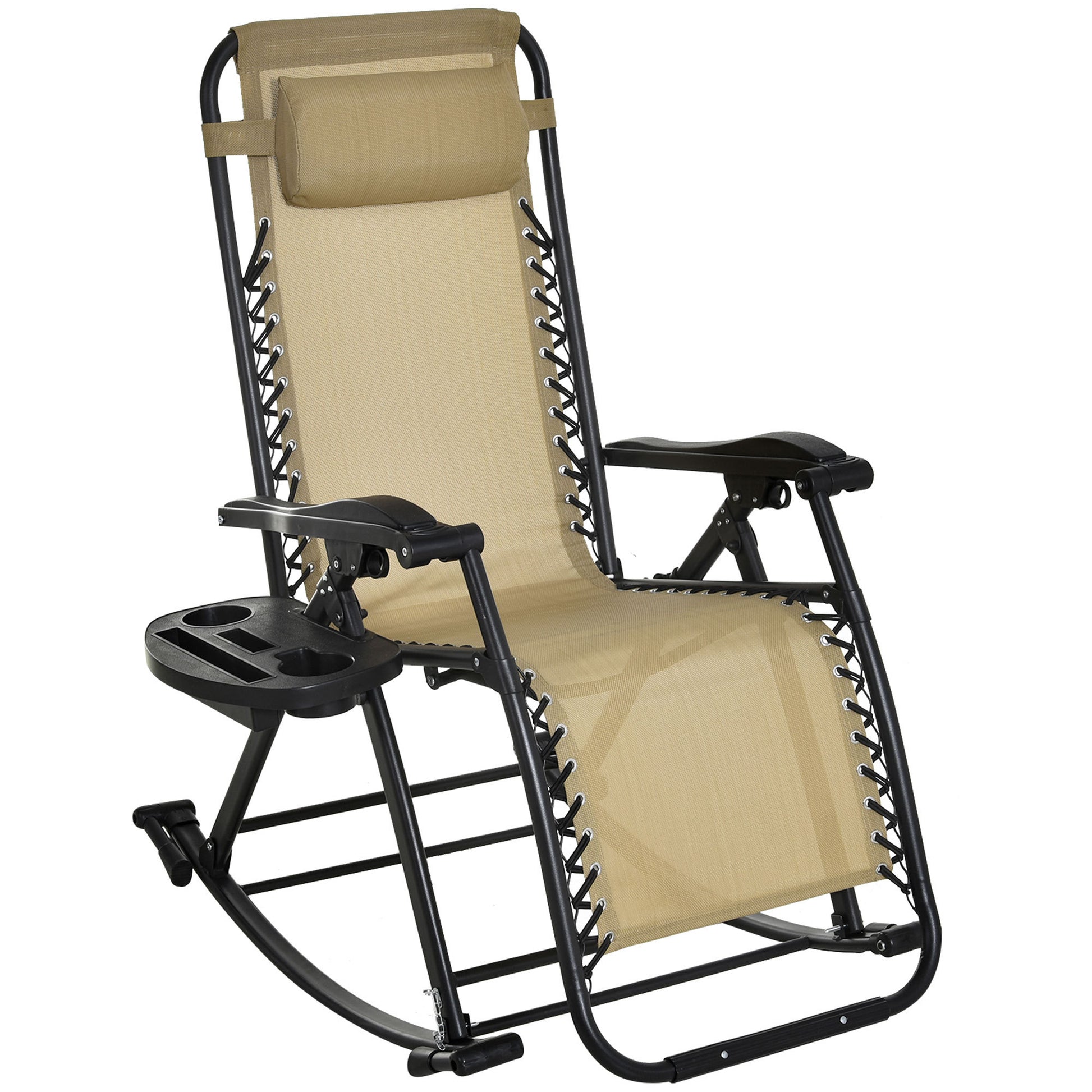 Outsunny Outdoor Rocking Chairs, Foldable Reclining Zero Gravity Lounge Rocker W Pillow, Cup & Phone Holder, Combo Design W Folding Legs, Beige Beige Steel