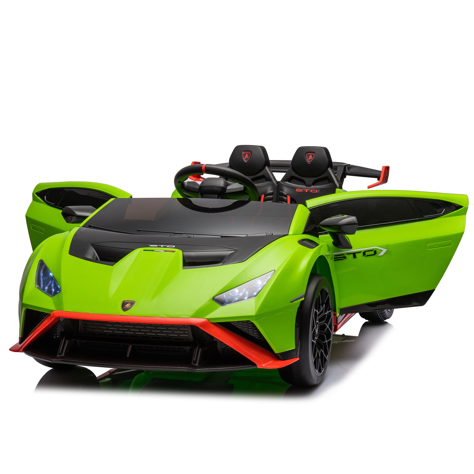 Lamborghini Huracan Sto 24V Kids Electric Ride On Drift Car: Speeds 1.86 5.59 Mph, Ages 3 8, Foam Front Wheels, 360 Spin, Led Lights, Dynamic Music, Early Learning, Usb Port, Drift Feature Green Polypropylene