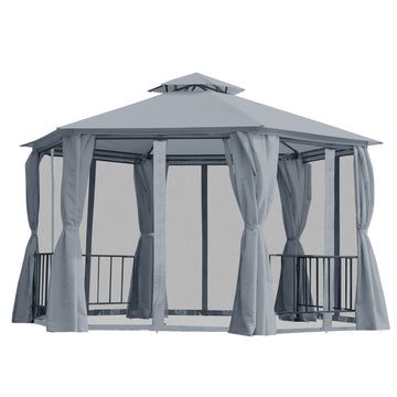 13' X 13' Patio Gazebo, Double Roof Hexagon Outdoor Gazebo Canopy Shelterwith Netting & Curtains, Solid Steel Frame For Garden, Lawn, Backyard And Deck, Grey Gray Steel