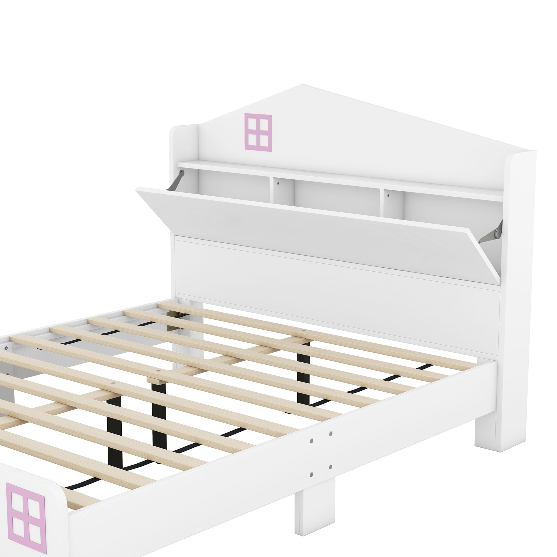 Wooden Full Size House Bed With Storage Headboard ,Kids Bed With Storage Shelf,White White Wood