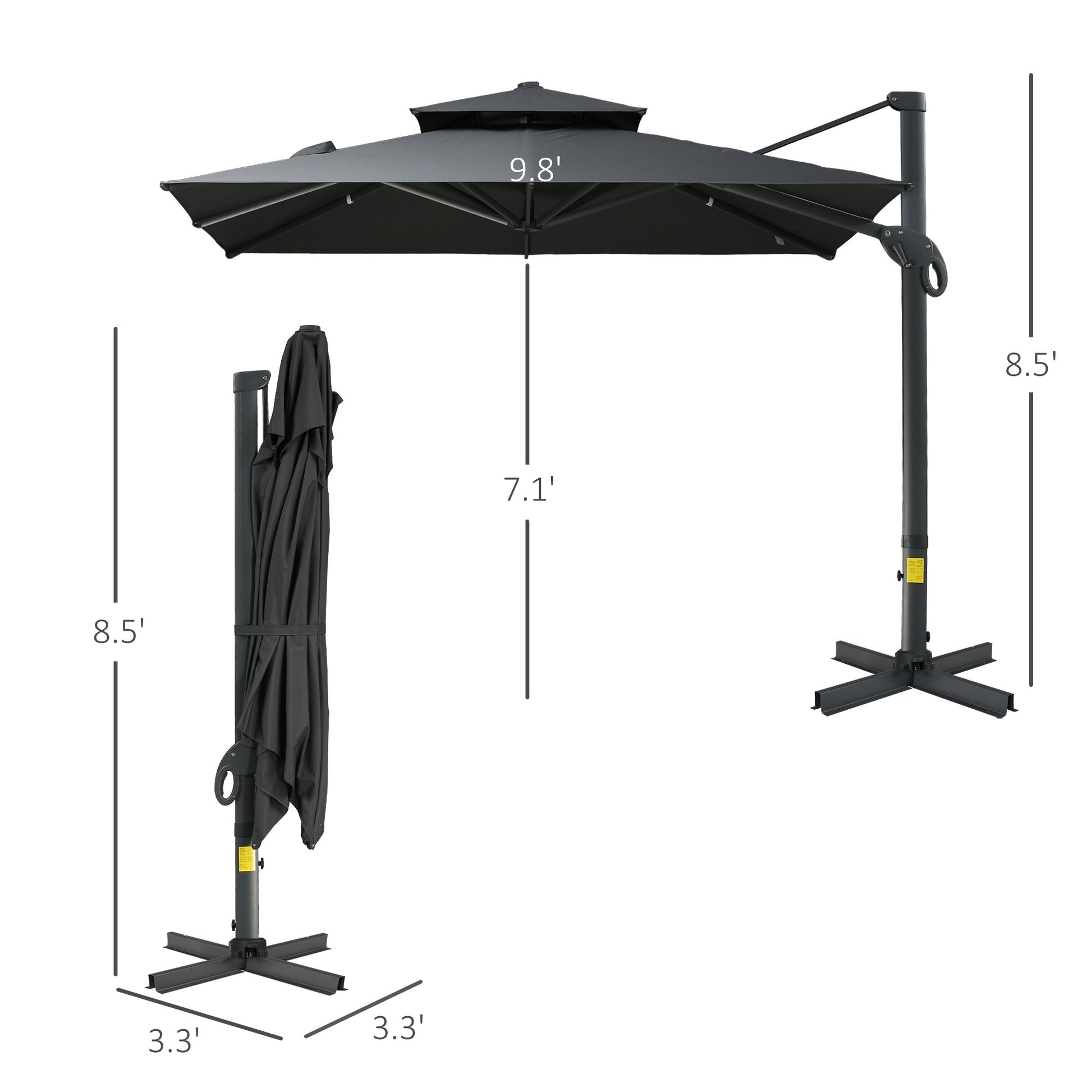 10Ft Offset Patio Umbrella, Hanging Cantilever Umbrella, Square Shape, Aluminum Cross Base, Tilt, 360 Degree Rotation, Gray Gray Aluminium