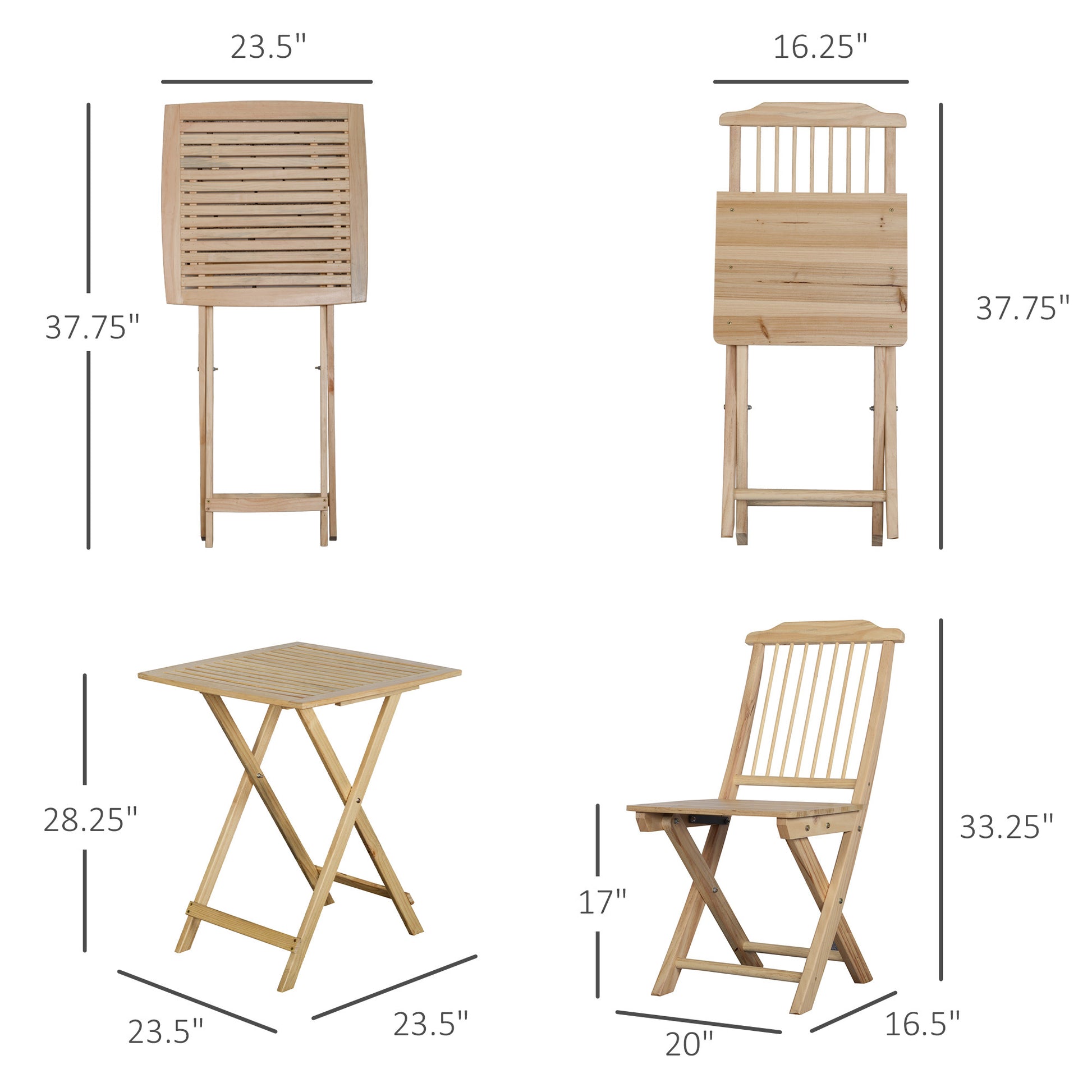 3 Pieces Patio Folding Bistro Set, Outdoor Pine Wood Table And Chairs Set With Tie On Cushion & Square Coffee Table, Great For Indoor, Poolside, Garden, Dark Blue Natural Wood