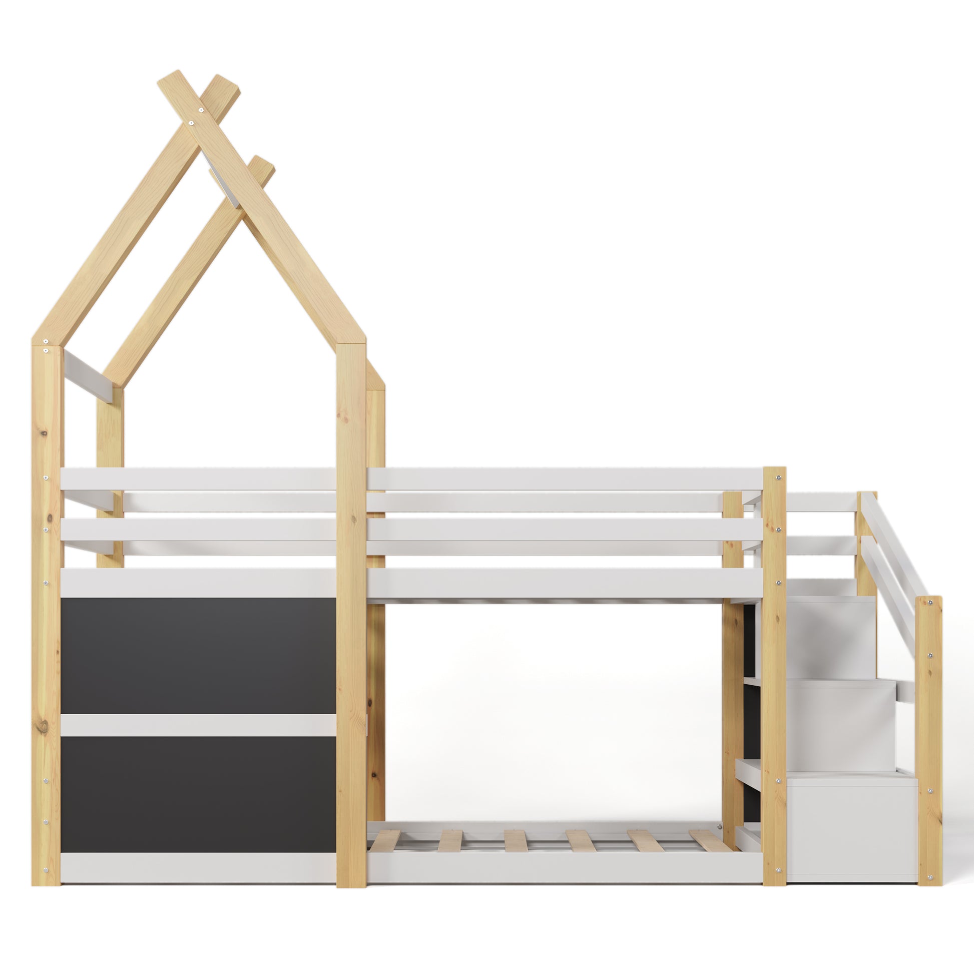 Twin Over Twin House Bunk Bed With White Storage Staircase And 2 Blackboards, White And Natural Box Spring Not Required Twin White Bed Frame Pine