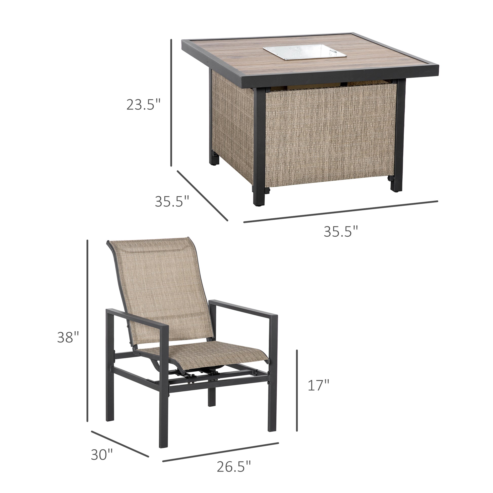 5 Piece Garden Patio Dining Set, Steel, Outdoor Conversation Set, Square Dinner Table With Built In Ice Bucket Insert, 4 Rocking Chairs For Garden, Lawn, Backyard, Beige Beige Steel