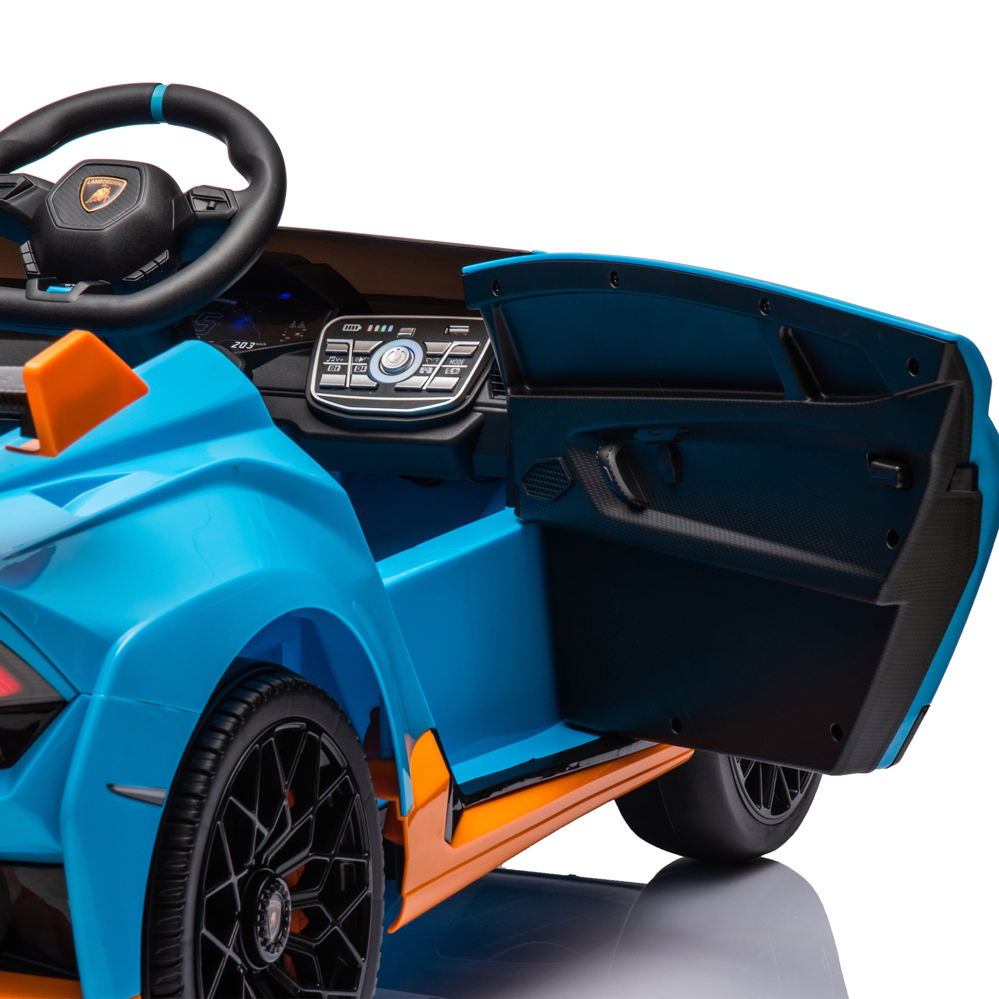 Lamborghini Huracan Sto 24V Kids Electric Ride On Drift Car: Speeds 1.86 5.59 Mph, Ages 3 8, Foam Front Wheels, 360 Spin, Led Lights, Dynamic Music, Early Learning, Usb Port, Drift Feature Blue