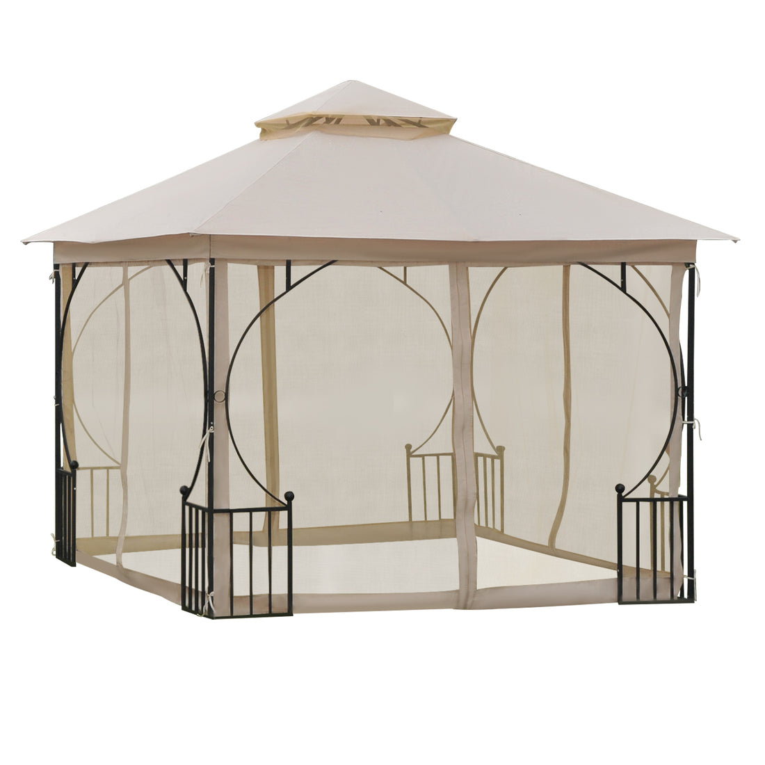 10' X 10' Patio Gazebo, Double Roof Outdoor Gazebo Canopy Shelter With Netting, Steel Corner Frame For Garden, Lawn, Backyard And Deck, Beige Beige Steel