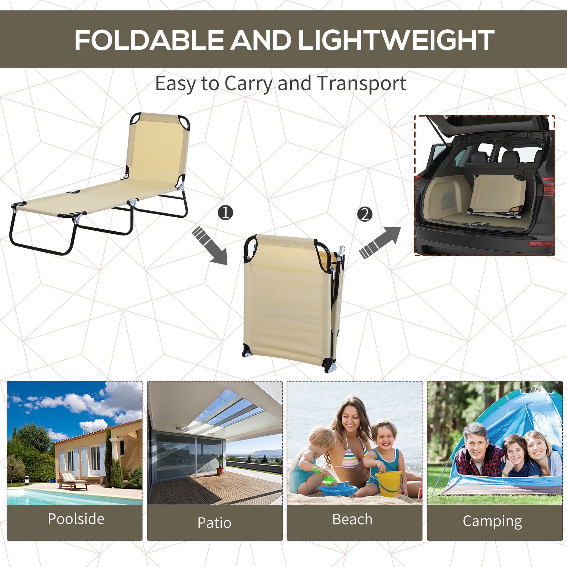 Foldable Outdoor Chaise Lounge Chair, 5 Level Reclining Camping Tanning Chair With Strong Oxford Fabric For Beach, Yard, Patio, Pool, Beige Beige Steel