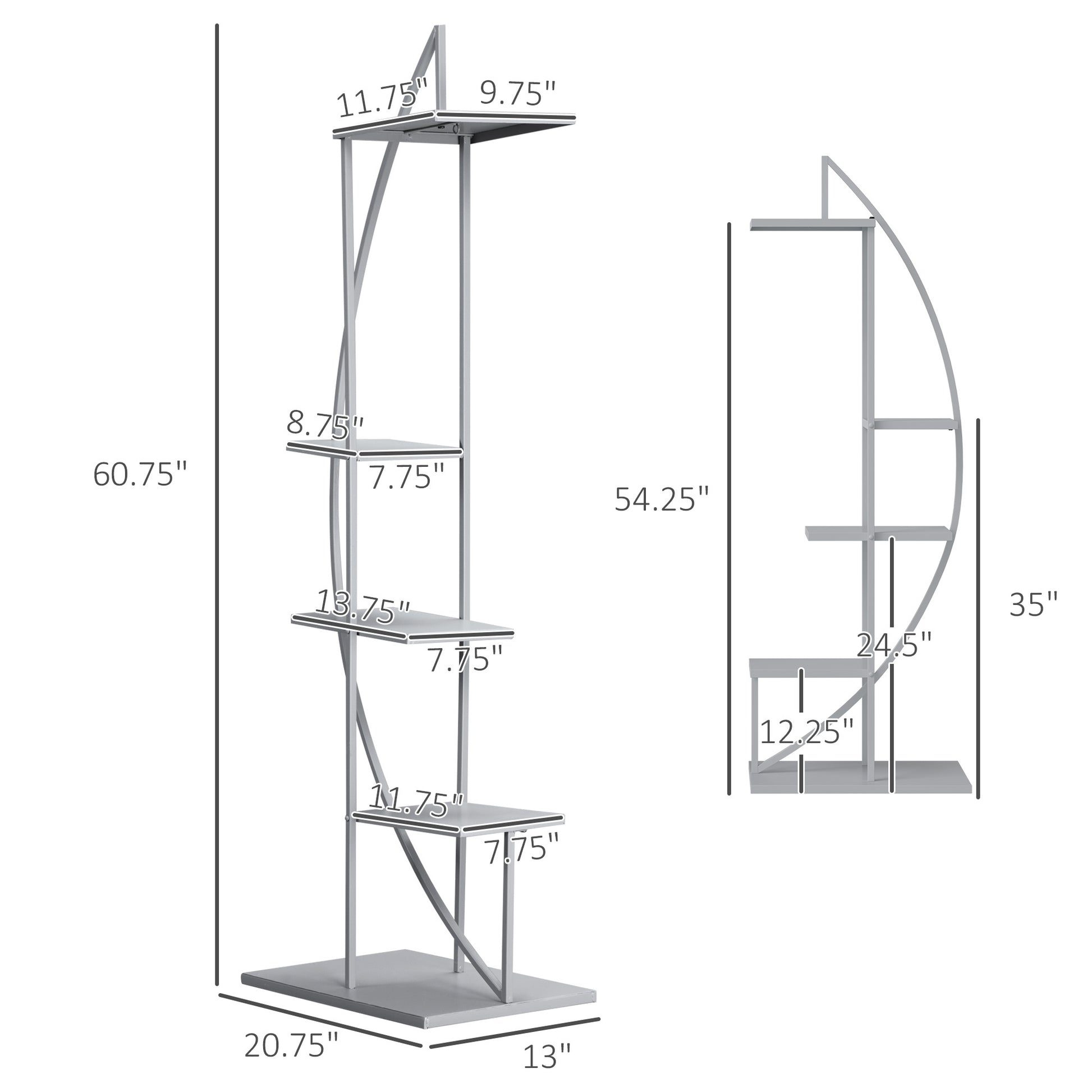 5 Tier Metal Plant Stand With Hangers, Half Moon Shape Flower Pot Display Shelf For Living Room Patio Garden Balcony Decor, Gray Gray Metal