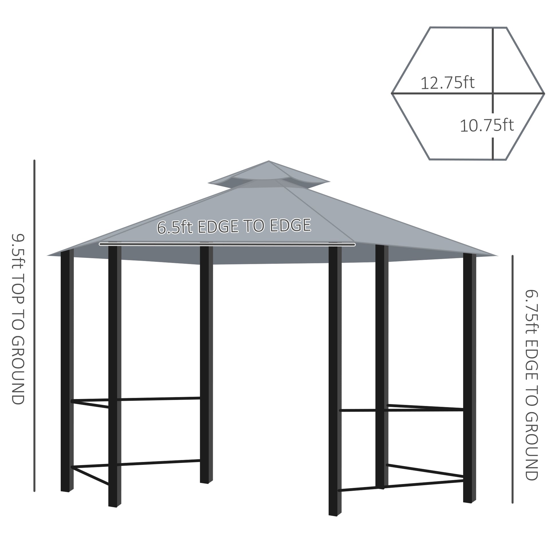 13' X 13' Patio Gazebo, Double Roof Hexagon Outdoor Gazebo Canopy Shelterwith Netting & Curtains, Solid Steel Frame For Garden, Lawn, Backyard And Deck, Grey Gray Steel