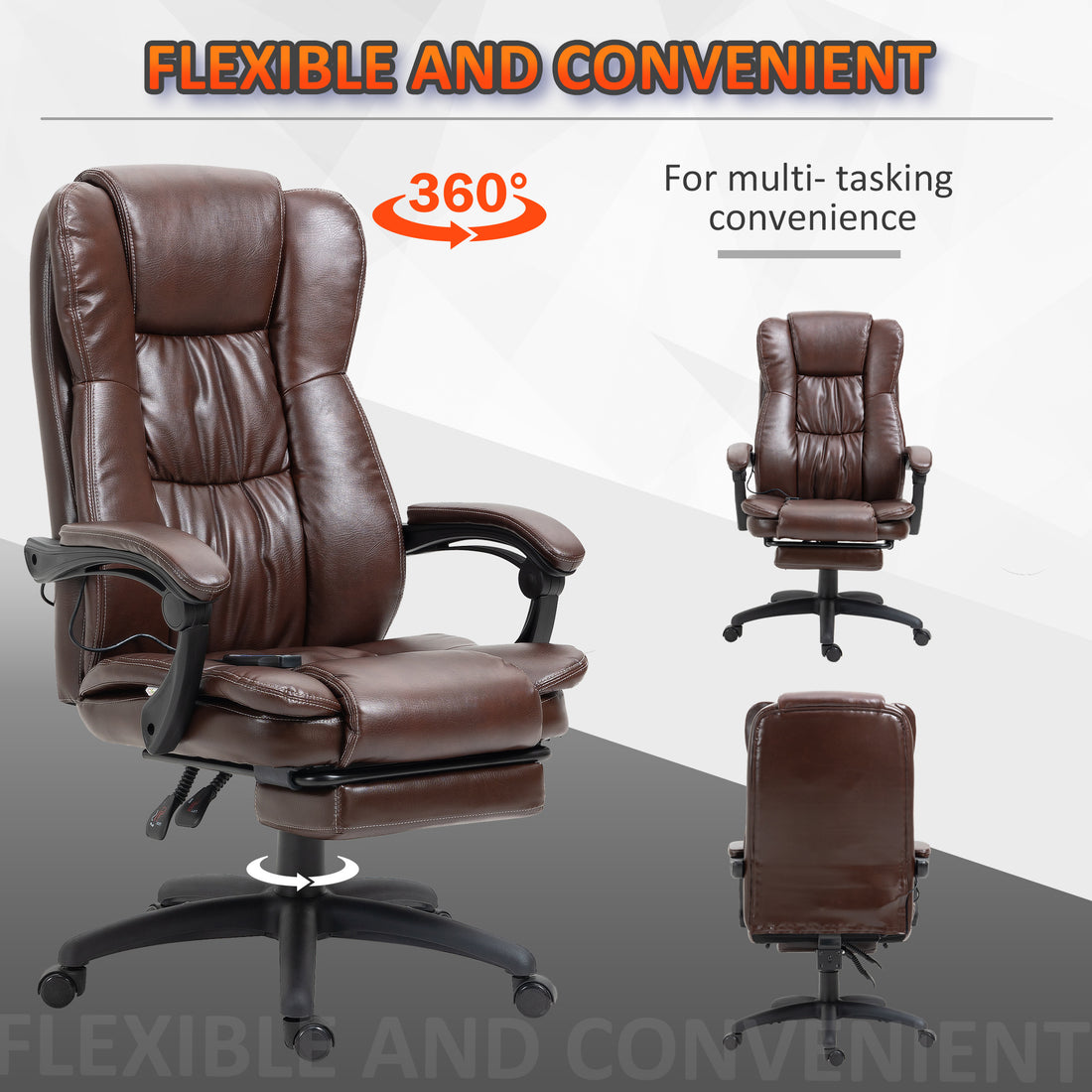 High Back Massage Office Chair With 6 Point Vibration, 5 Modes, Executive Chair, Pu Leather Swivel Chair With Reclining Back, And Retractable Footrest, Brown Brown Pu Leather