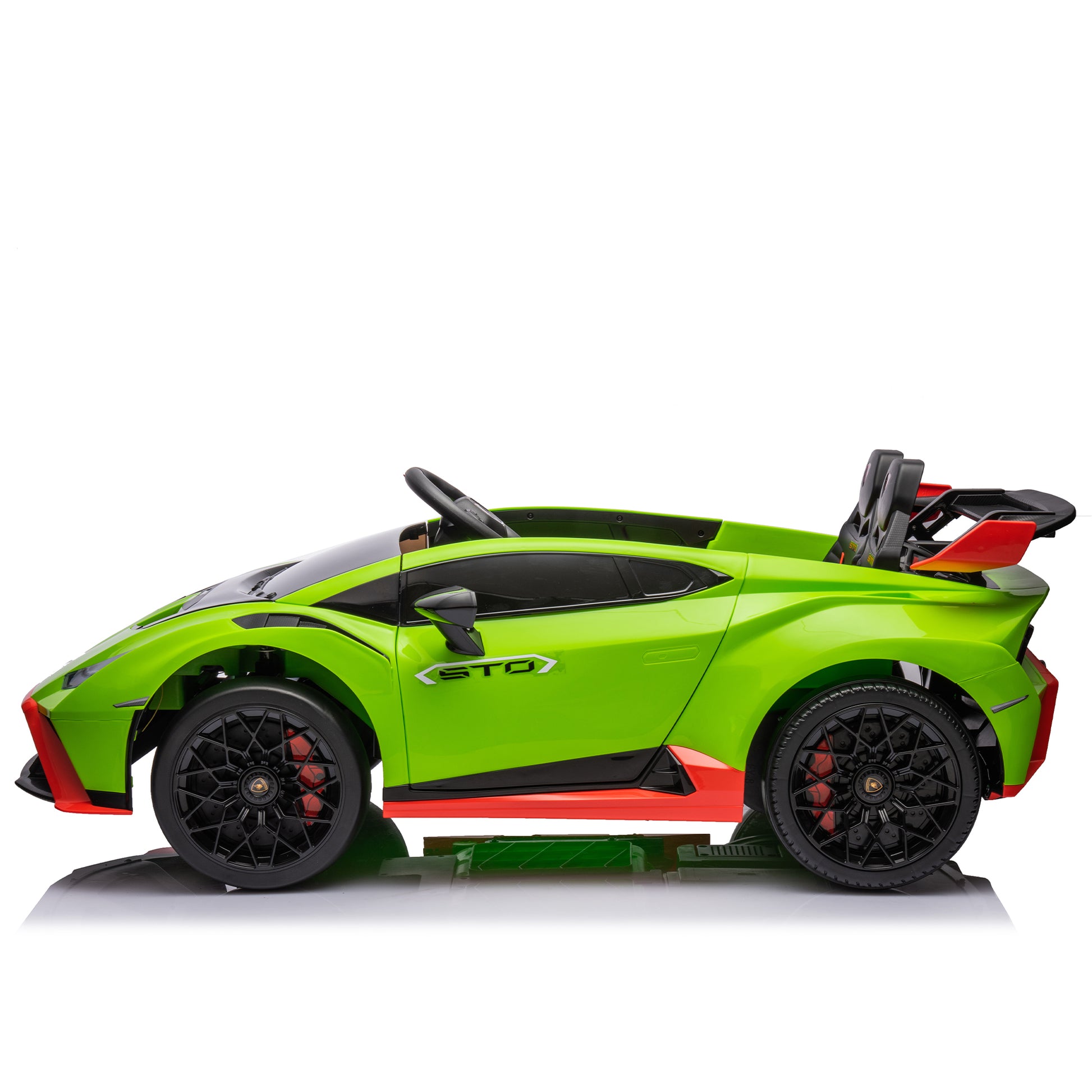 Lamborghini Huracan Sto 24V Kids Electric Ride On Drift Car: Speeds 1.86 5.59 Mph, Ages 3 8, Foam Front Wheels, 360 Spin, Led Lights, Dynamic Music, Early Learning, Usb Port, Drift Feature Green Polypropylene