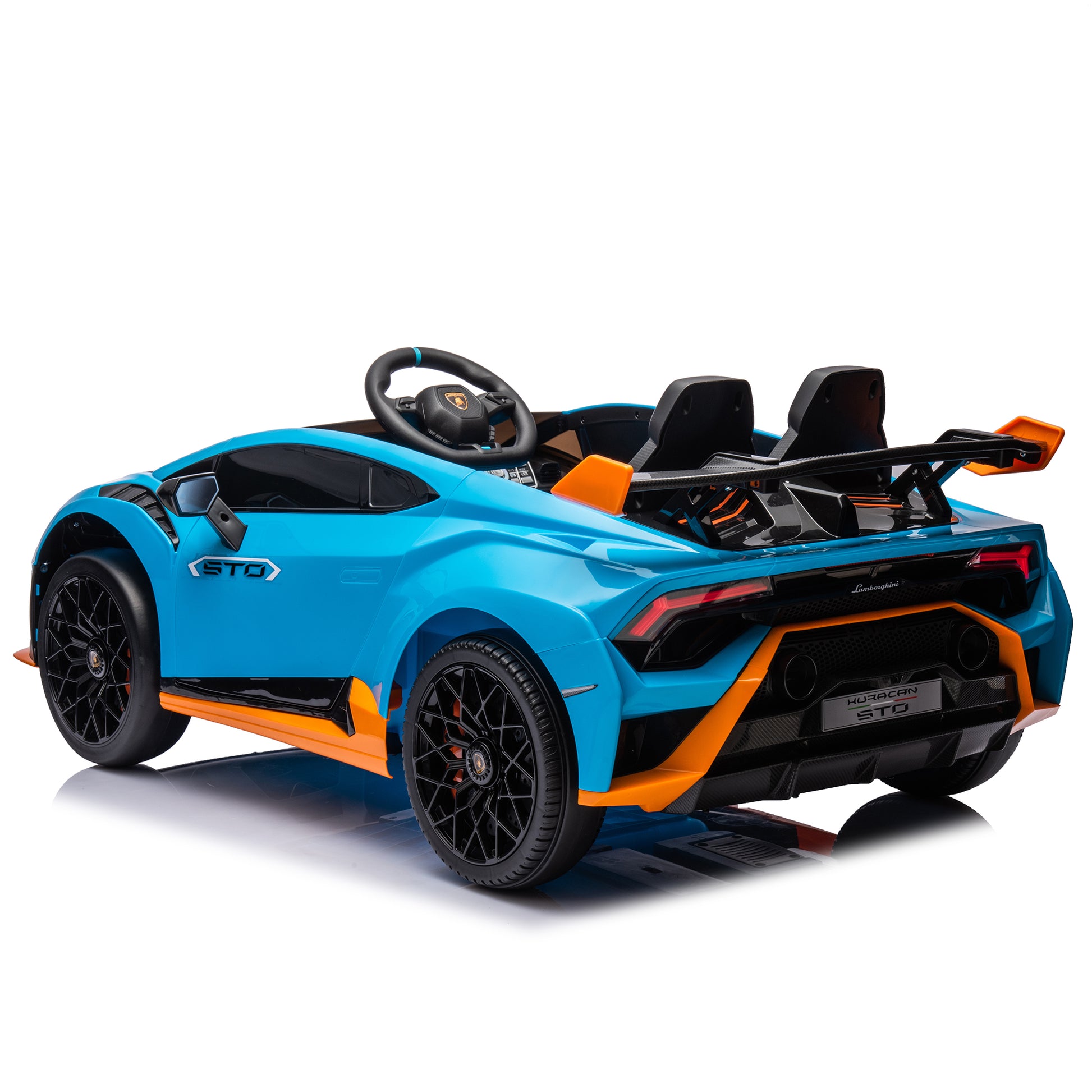 Lamborghini Huracan Sto 24V Kids Electric Ride On Drift Car: Speeds 1.86 5.59 Mph, Ages 3 8, Foam Front Wheels, 360 Spin, Led Lights, Dynamic Music, Early Learning, Usb Port, Drift Feature Blue