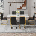 Modern Minimalist Dining Table. The White Imitation Marble Glass Desktop Is Equipped With Golden Metal Legs. Suitable For Restaurants And Living Rooms 71 