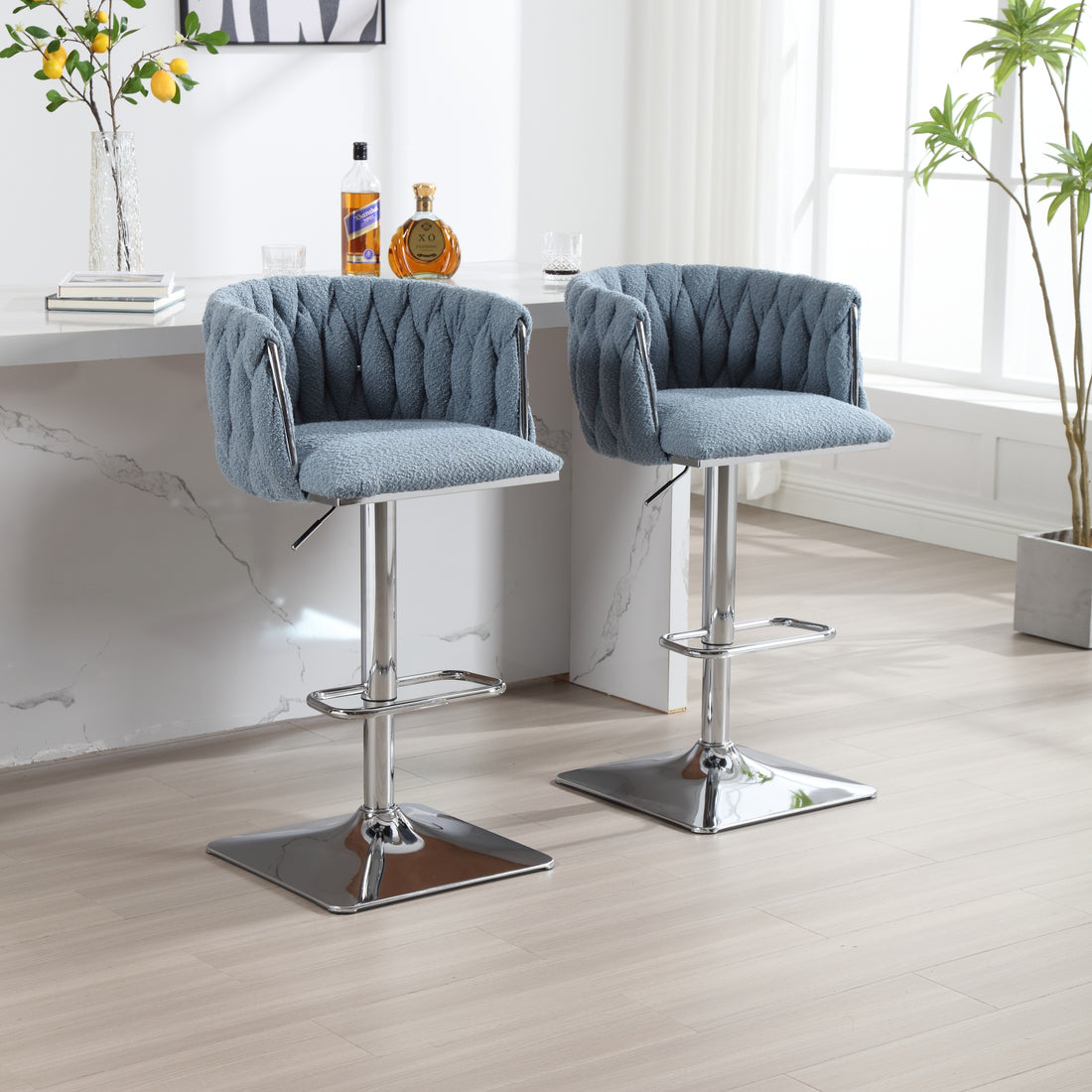 Coolmore Vintage Bar Stools With Back And Footrest Counter Height Dining Chairs 2Pc Set Light Blue Boucle