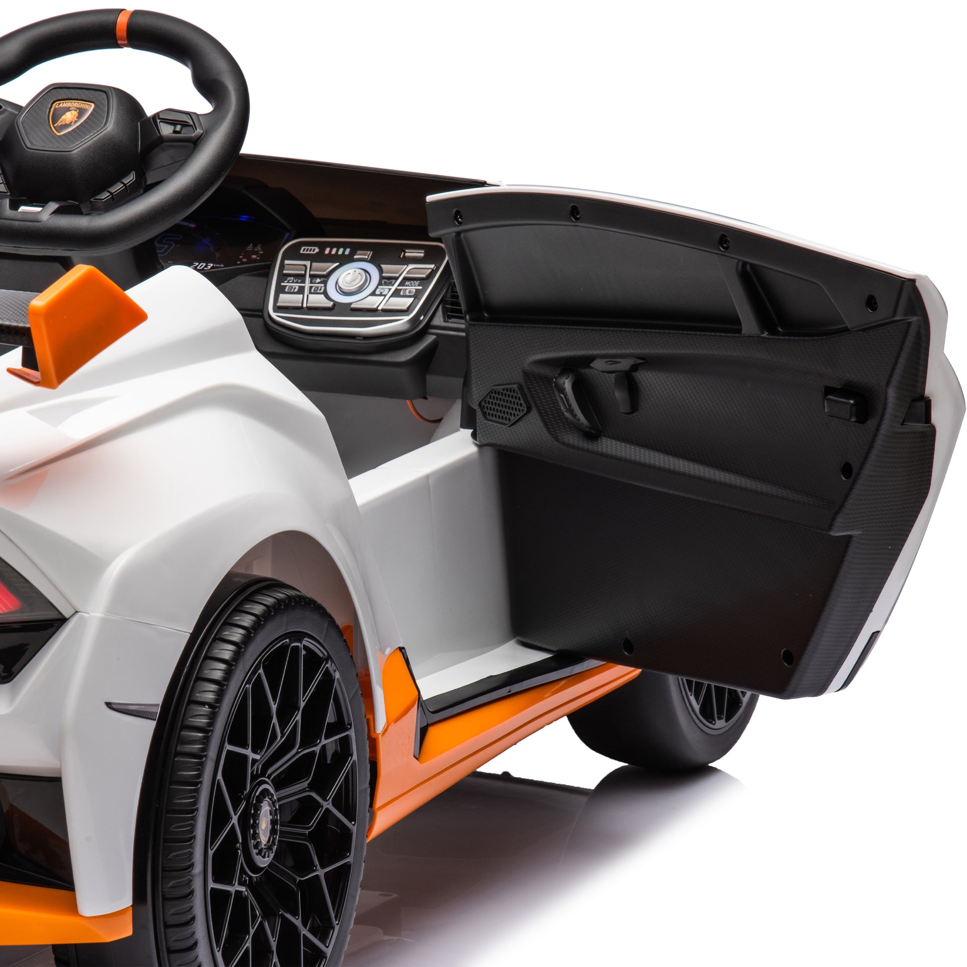 Lamborghini Huracan Sto 24V Kids Electric Ride On Drift Car: Speeds 1.86 5.59 Mph, Ages 3 8, Foam Front Wheels, 360 Spin, Led Lights, Dynamic Music, Early Learning, Usb Port, Drift Feature White Polypropylene