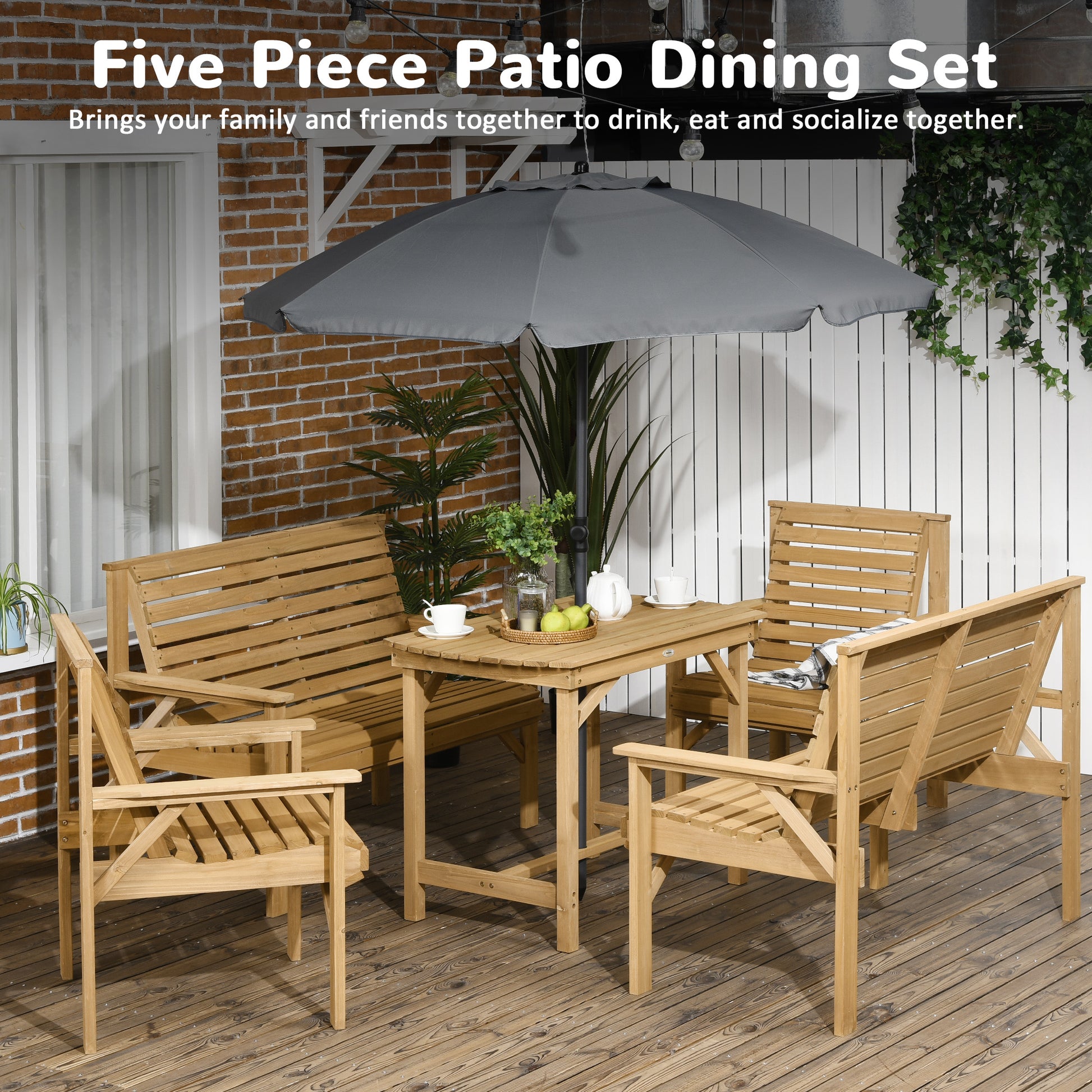 5 Piece Wooden Patio Dining Set For 6, Outdoor Conversation Set With 2 Armchairs, 2 Loveseats, And Dining Table With Umbrella Hole For Backyard, Garden, Light Brown Brown Wood