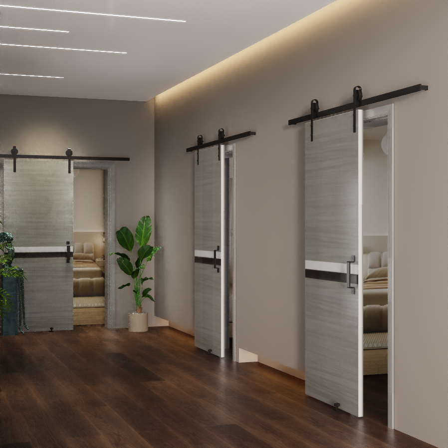 30" X 80" Melamine Integrated Door Slab 6.6Ft Sliding Track Kit Adjustable Floor Guider Pull Handle, Modern Interior Door Panel, Protected By 2Mm Thick Melamine Layer, Moisture Proof Gray Melamine