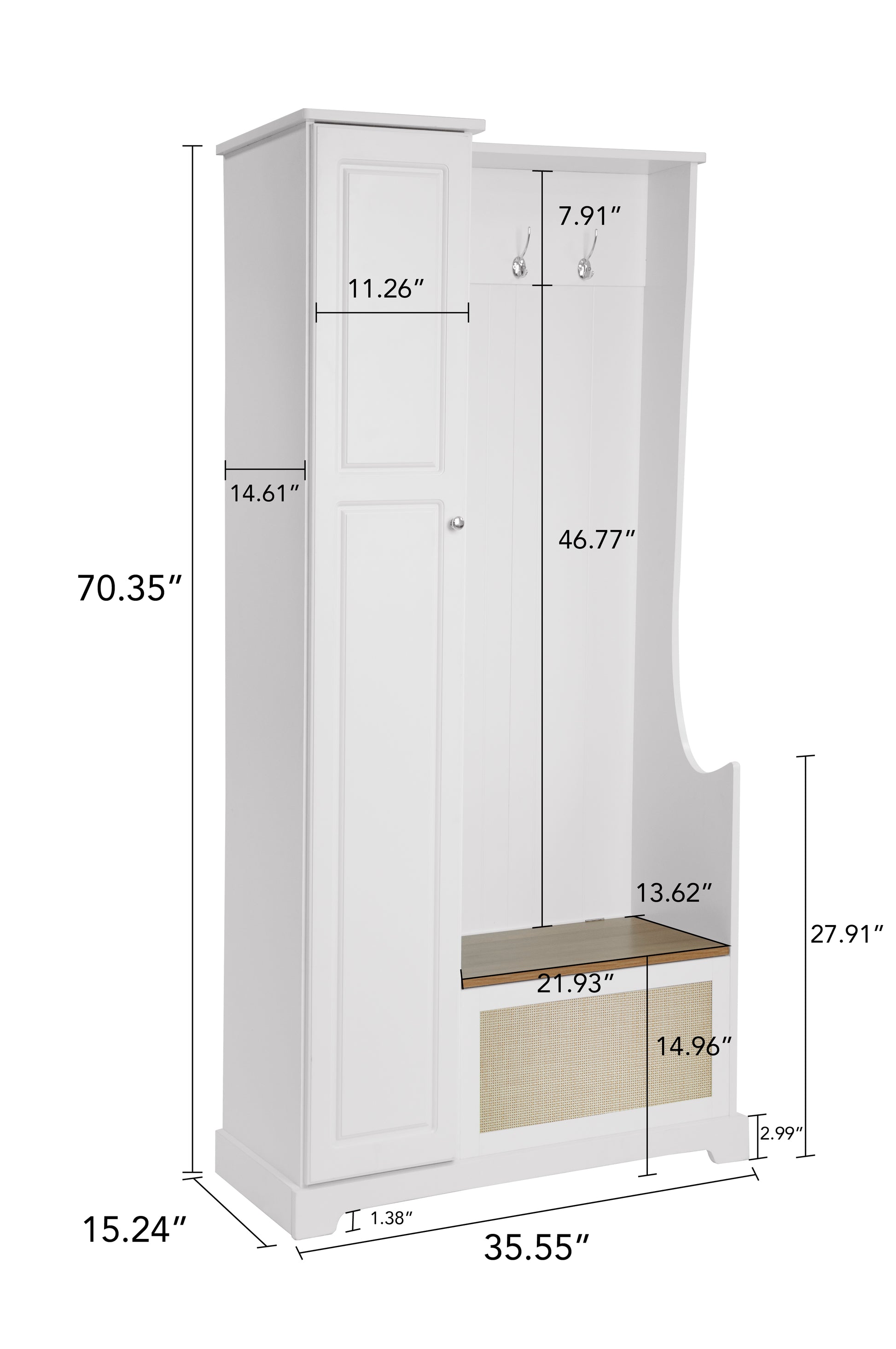 Hall Tree With Bench, Storage Cabinet, Suitable For Living Room, Entryway, Bedroom White Mdf