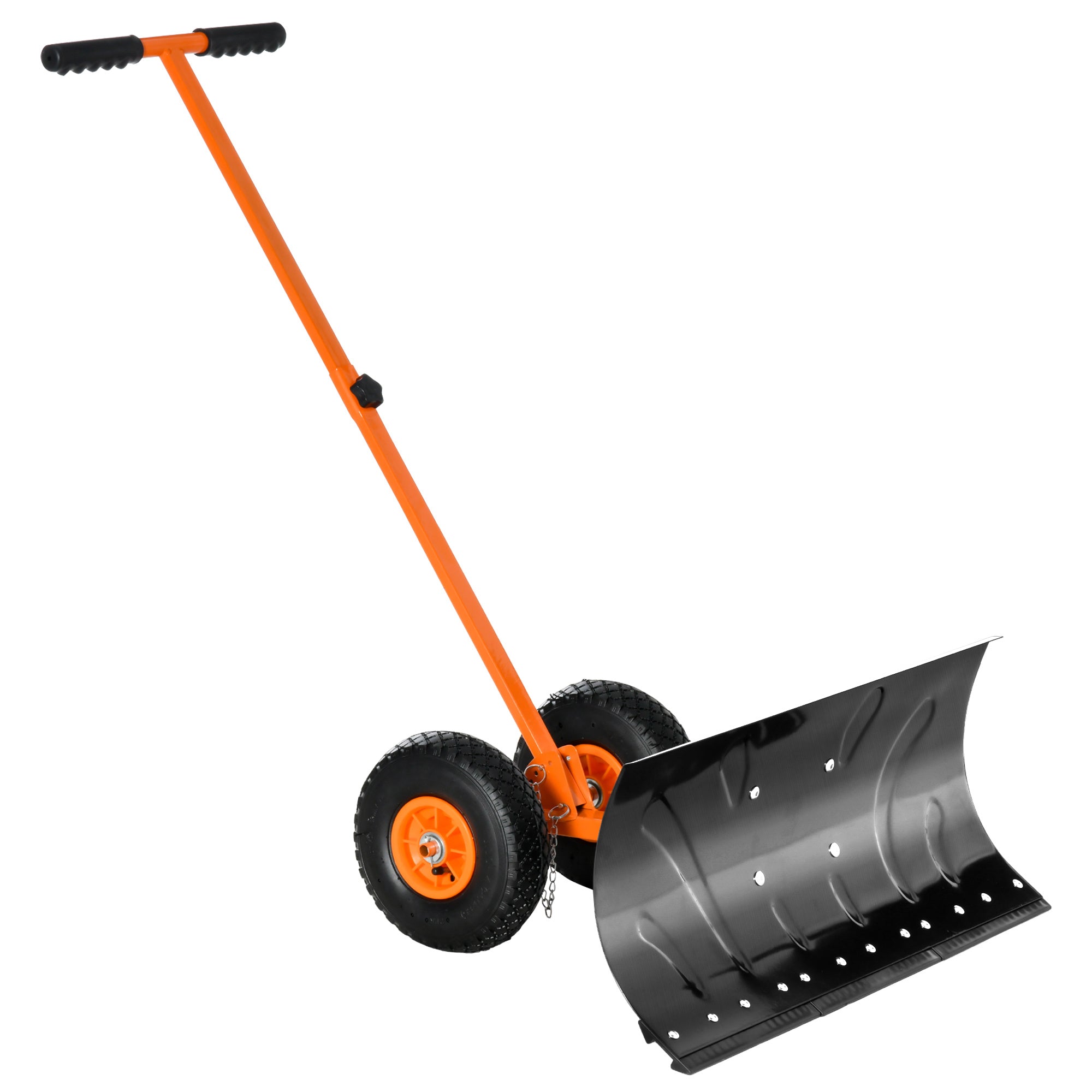 Snow Shovel With Wheels, Snow Pusher, Cushioned Adjustable Angle Handle Snow Removal Tool, 29" Blade, 10" Wheels, Orange Orange Steel