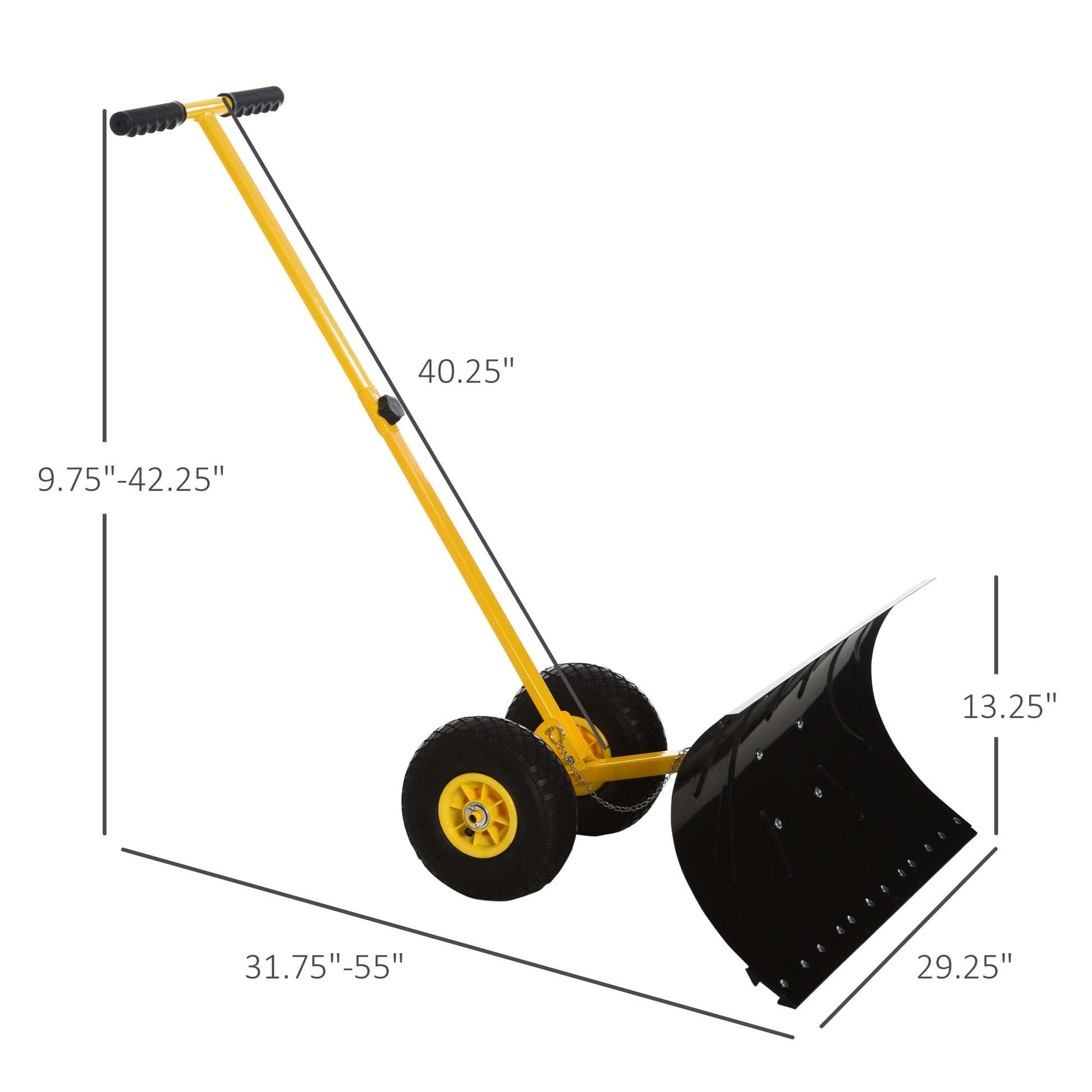 Snow Shovel With Wheels, Snow Pusher, Cushioned Adjustable Angle Handle Snow Removal Tool, 29" Blade, 10" Wheels, Yellow Yellow Steel