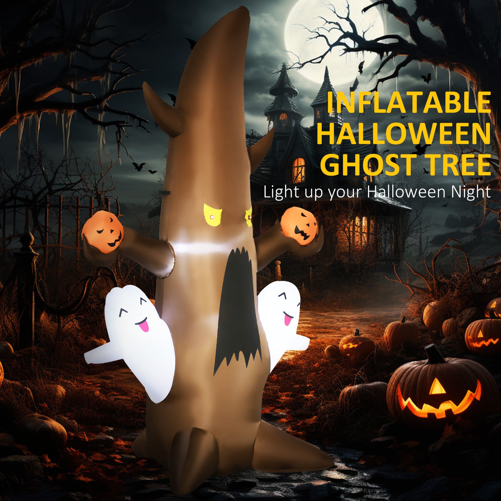 5' Halloween Inflatables Outdoor Decorations Ghost Tree With Pumpkins, Blow Up Led Yard Decor Indoor Outdoor For Garden, Lawn, Party, Holiday Brown Polyester