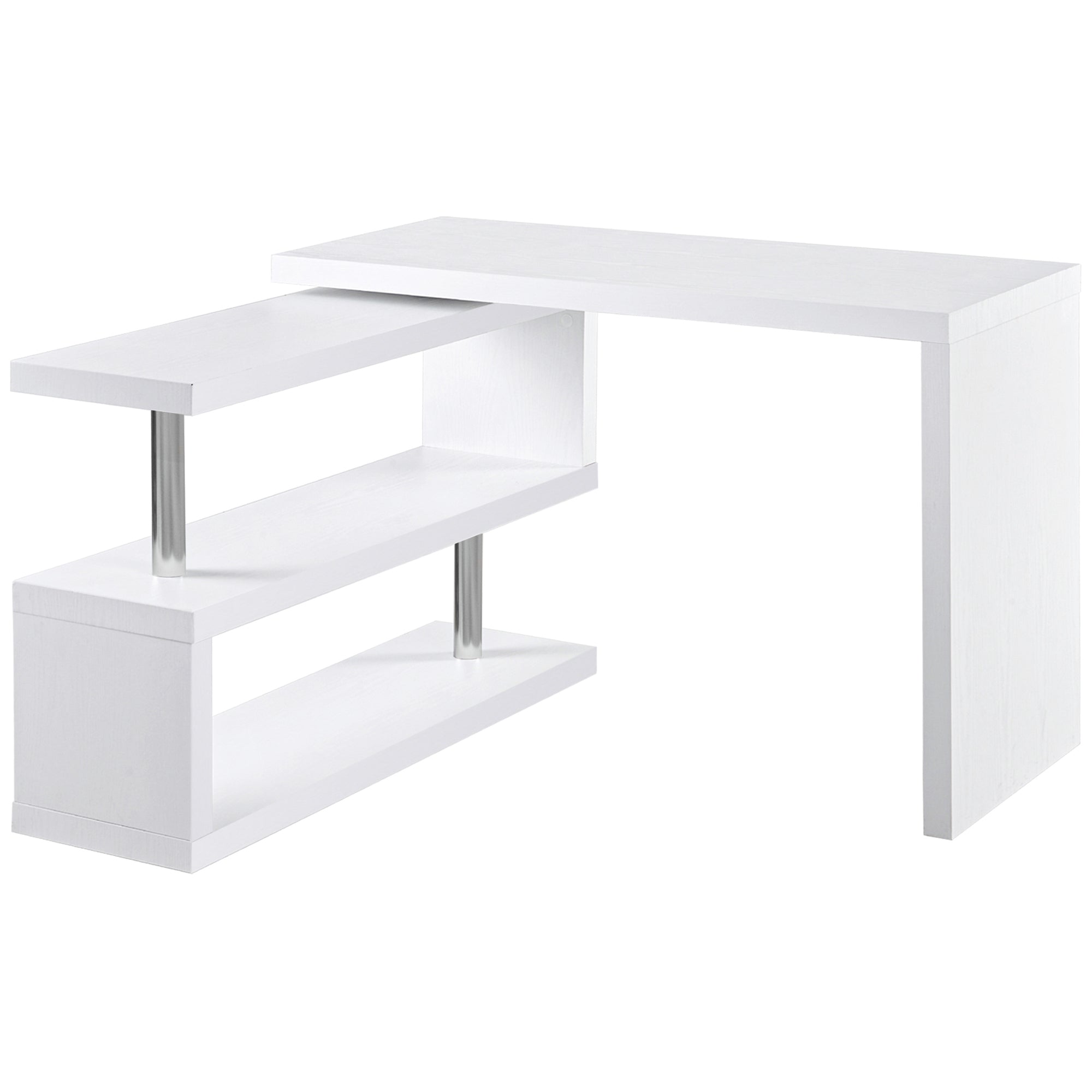 360 Degree Rotating Corner Computer Desk, L Shaped Desk, Home Office Workstation With 3 Tier Storage Shelves, White White Stainless Steel