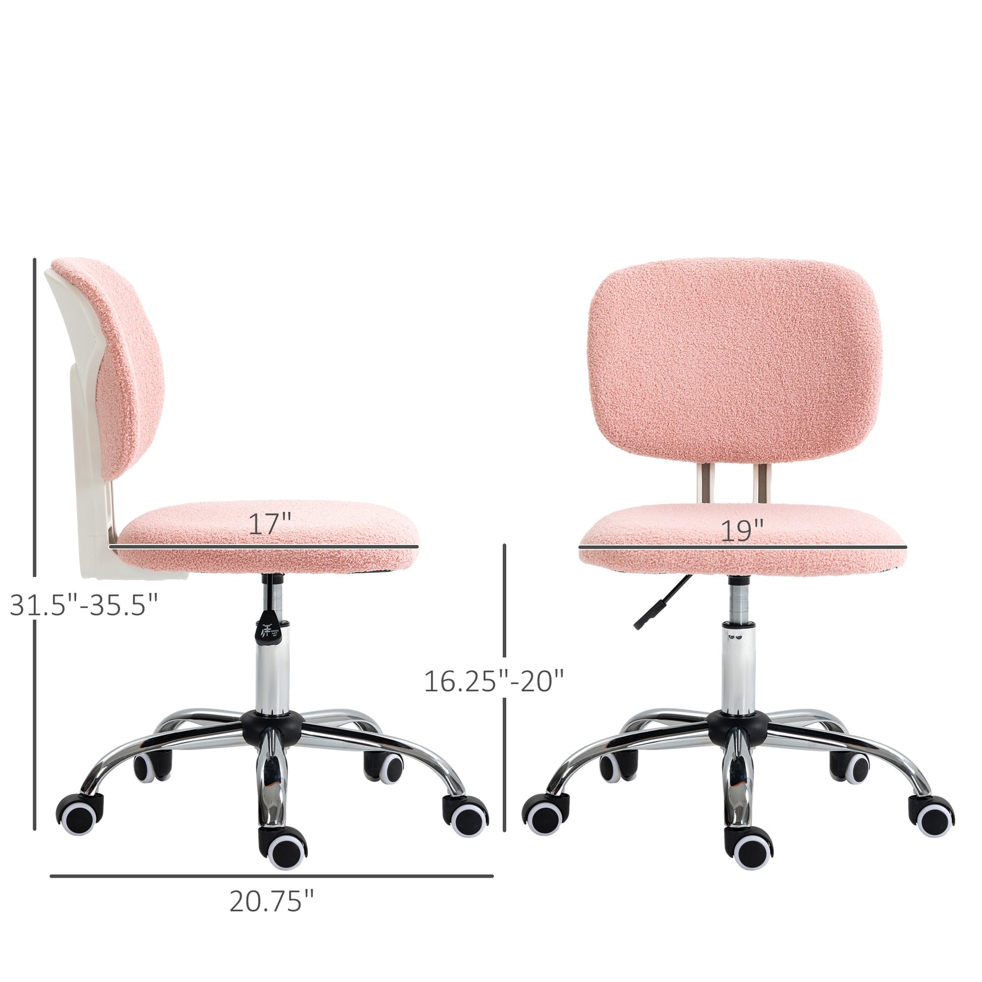 Cute Armless Office Chair, Teddy Fleece Fabric Computer Desk Chair, Vanity Task Chair With Adjustable Height, Swivel Wheels, Mid Back, Pink Pink Linen