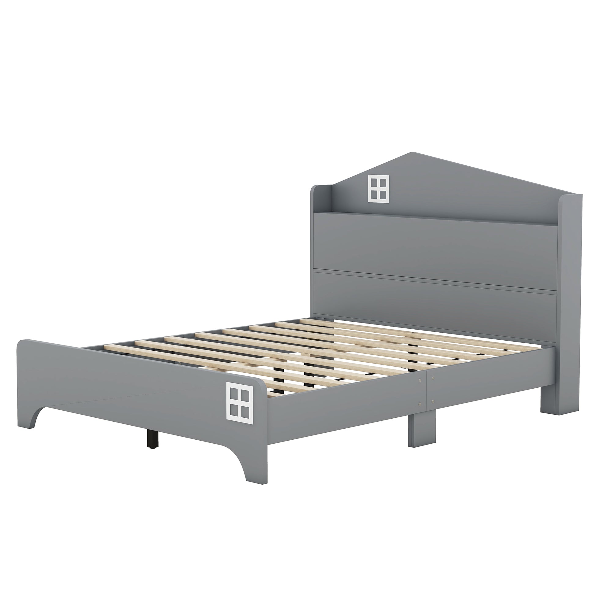 Wooden Full Size House Bed With Storage Headboard ,Kids Bed With Storage Shelf,Grey Grey Wood