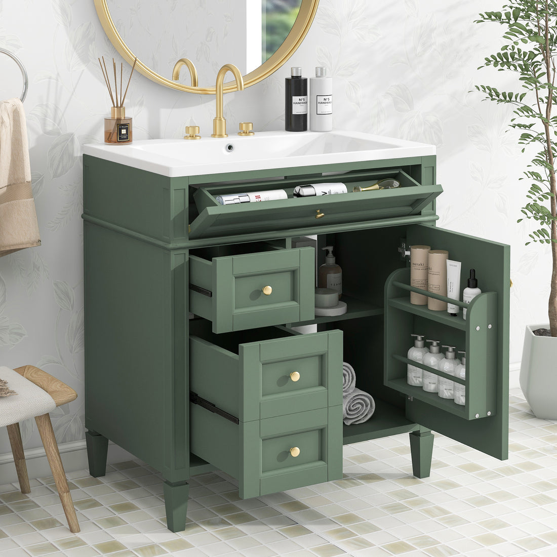 30'' Bathroom Vanity With Top Sink, Modern Bathroom Storage Cabinet With 2 Drawers And A Tip Out Drawer, Single Sink Bathroom Vanity Same As Sw000103Aaf Green Mdf