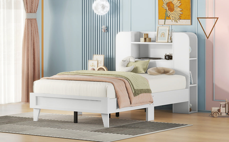 Twin Size Platform Bed With Storage Headboard,Multiple Storage Shelves On Both Sides,White White Wood