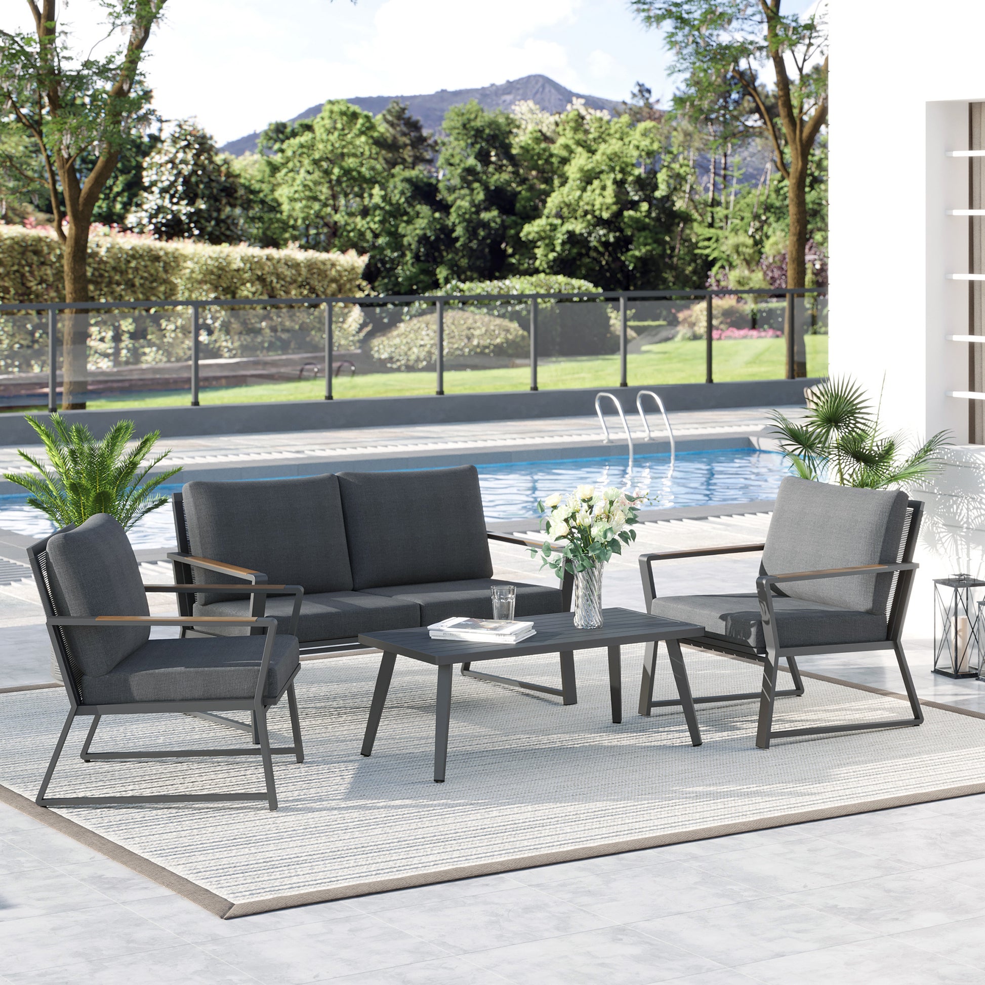 4 Piece Patio Furniture Set, Aluminum Conversation Set, Outdoor Garden Sofa Set With Armchairs, Loveseat, Center Coffee Table And Cushions, Dark Grey Gray Aluminium