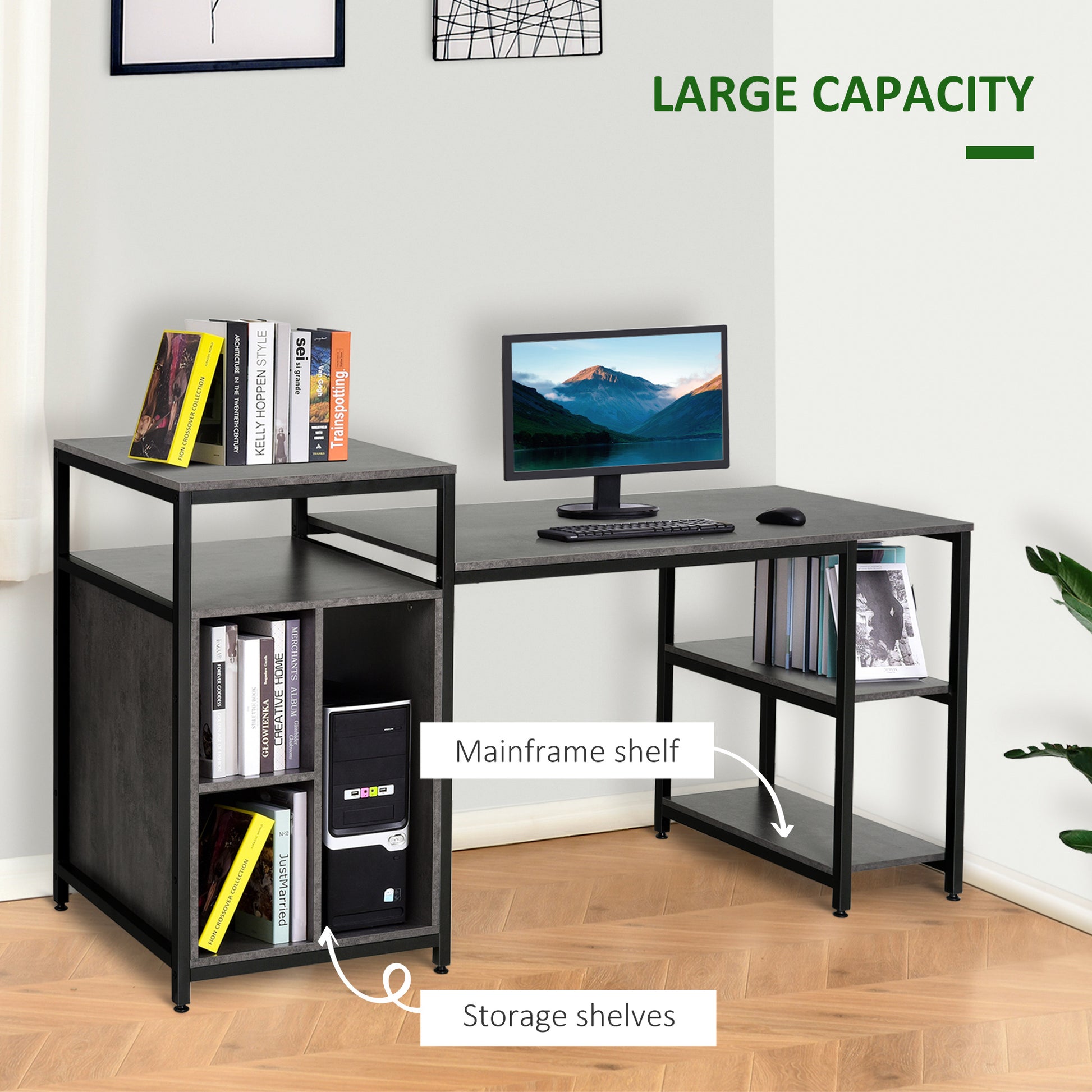 68 Inch Office Table Computer Desk Workstation Bookshelf With Cpu Stand, Spacious Storage Shelves & Chic Modern Woodgrain Design, Grey Grey Engineered Wood