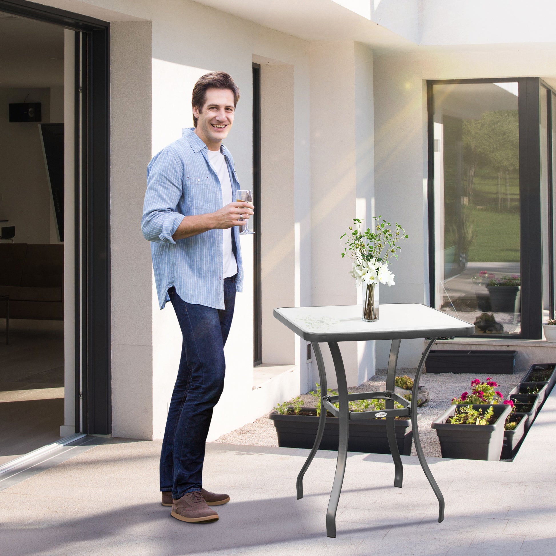 27" Square Bistro Table Garden Dining Table Outdoor Tempered Glass Table Black Steel