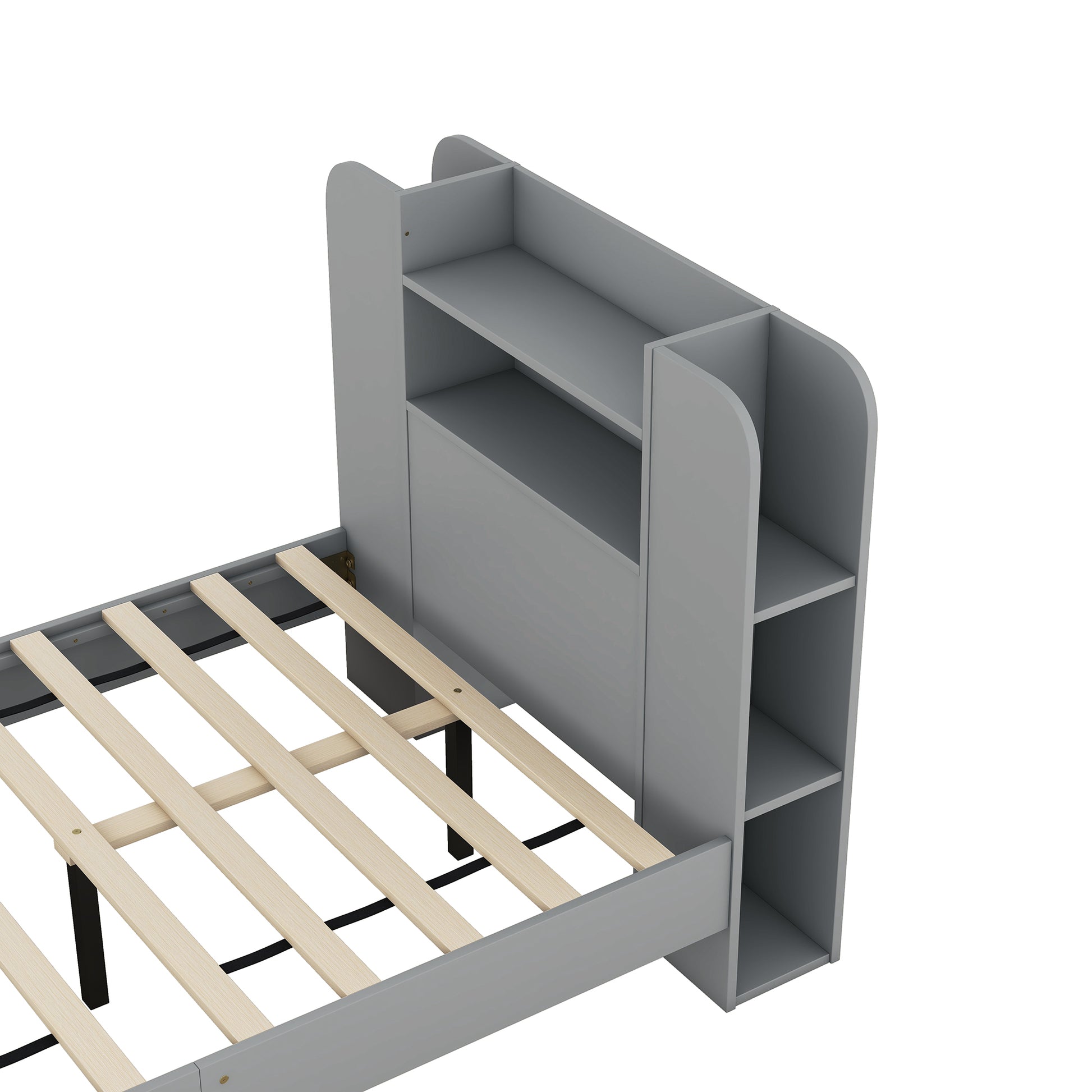 Twin Size Platform Bed With Storage Headboard,Multiple Storage Shelves On Both Sides,Grey Grey Wood