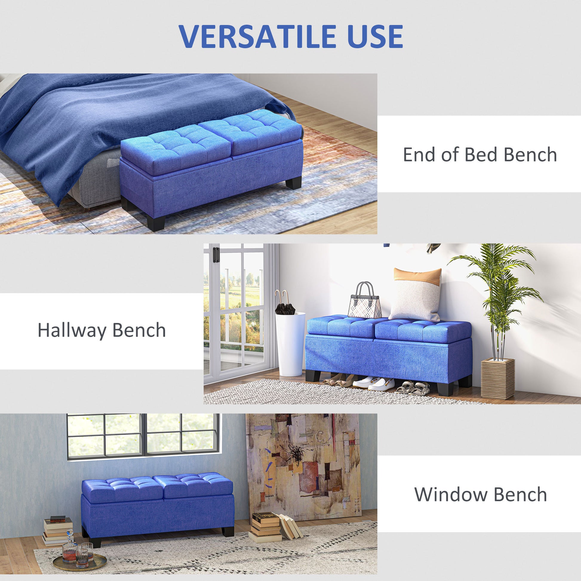 46" Storage Ottoman Bench, Upholstered End Of Bed Bench With Steel Frame, Button Tufted Storage Bench With Safety Hinges For Living Room, Entryway, Bedroom, Blue Blue Fabric