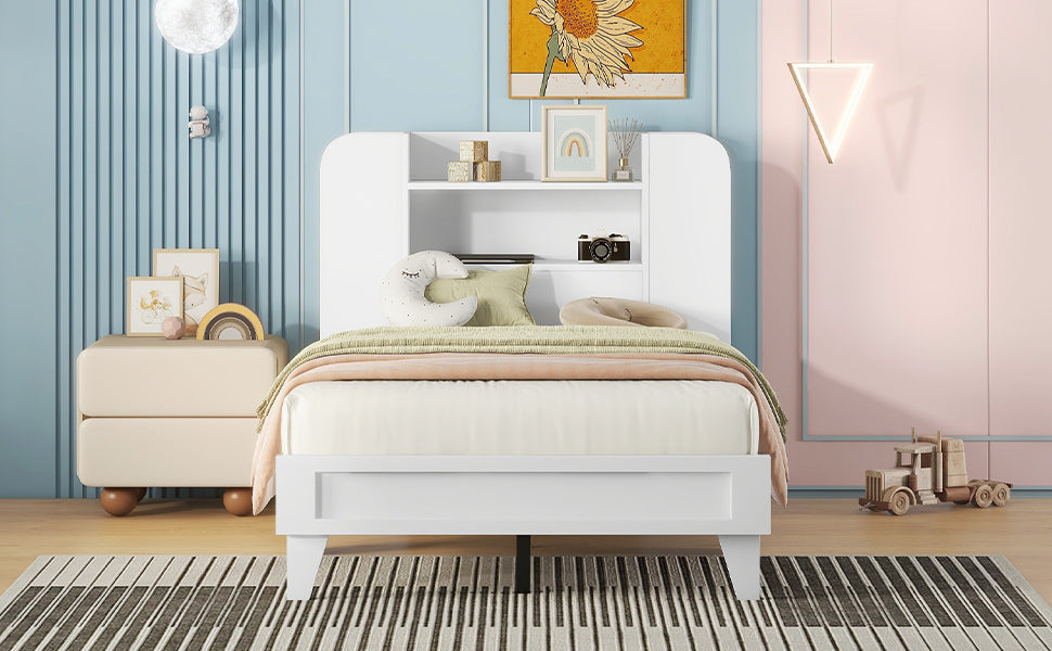 Twin Size Platform Bed With Storage Headboard,Multiple Storage Shelves On Both Sides,White White Wood