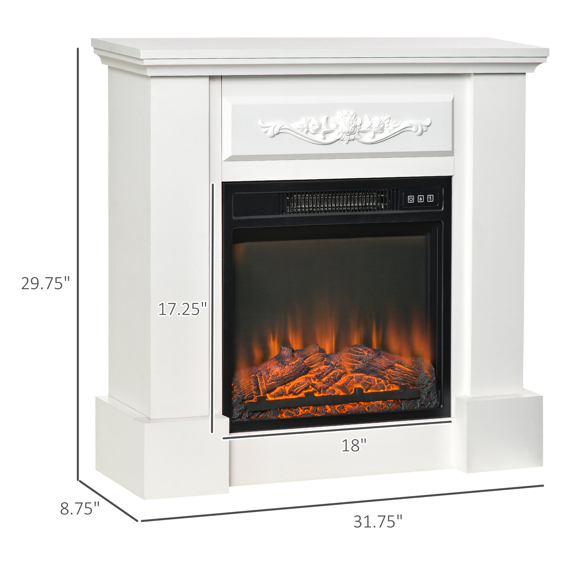 32" Electric Fireplace With Mantel, Freestanding Heater With Led Log Flame, Overheat Protection And Remote Control, 1400W, White White Steel