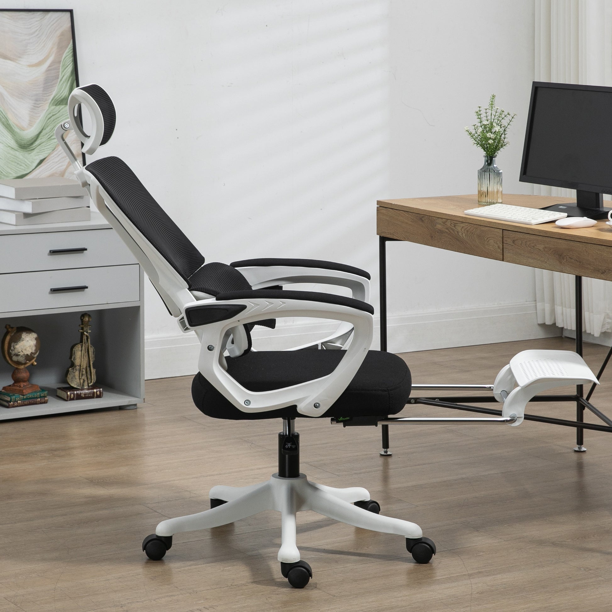 High Back Home Office Chair, Fabric Computer Desk Chair With Adjustable Headrest, Lumbar Support, Armrest, Foot Rest, Reclining Back, Black Black Polyester
