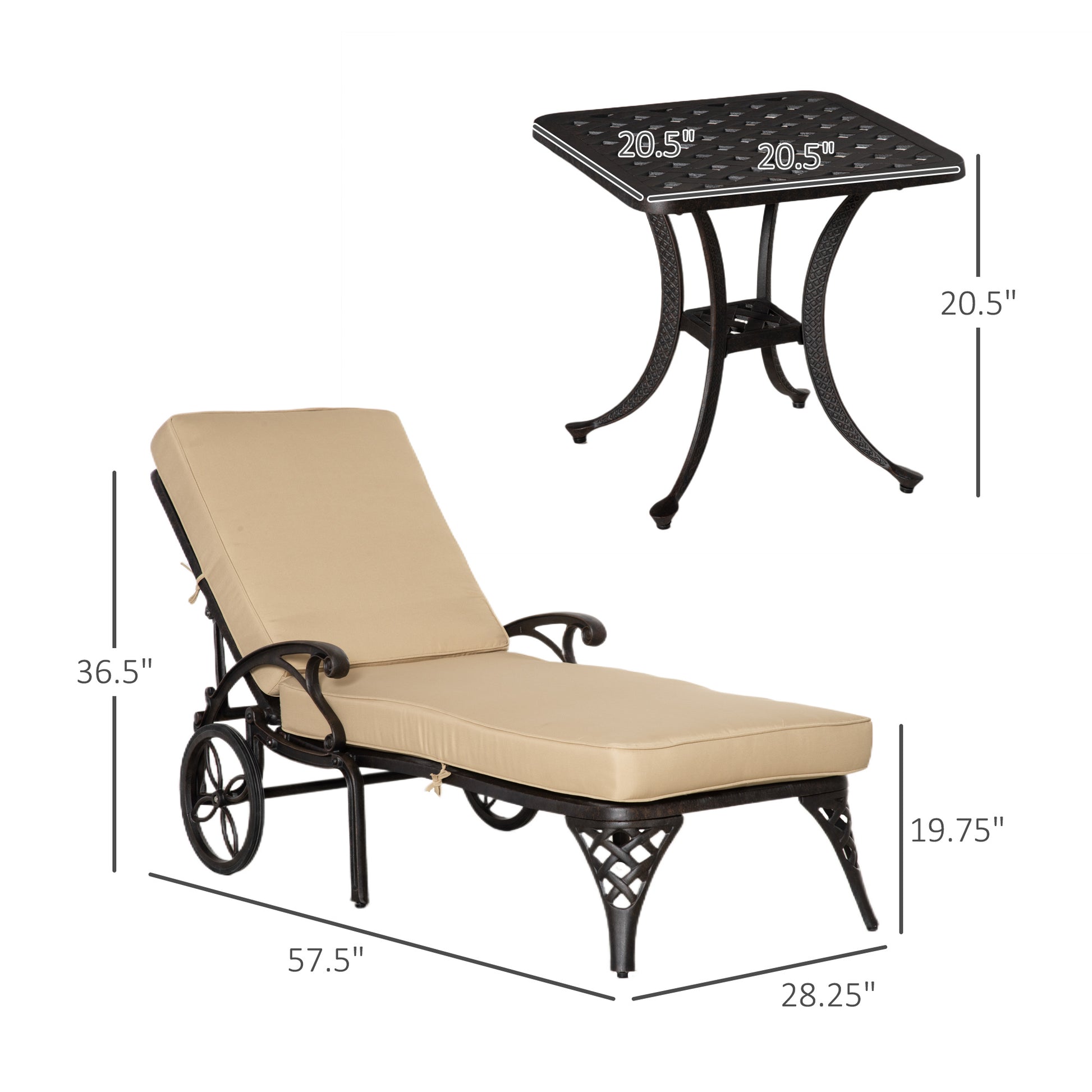 Aluminum Adjustable Chaise Lounge Chair, Folding 4 Position Patio Recliner, Wheels, Armrests, Side Table, Cushion For Poolside, Backyard, Deck, Porch Garden, Beige Beige Aluminium