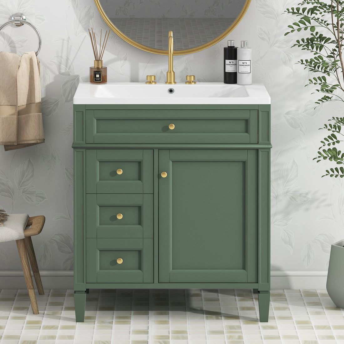 30'' Bathroom Vanity With Top Sink, Modern Bathroom Storage Cabinet With 2 Drawers And A Tip Out Drawer, Single Sink Bathroom Vanity Same As Sw000103Aaf Green Mdf