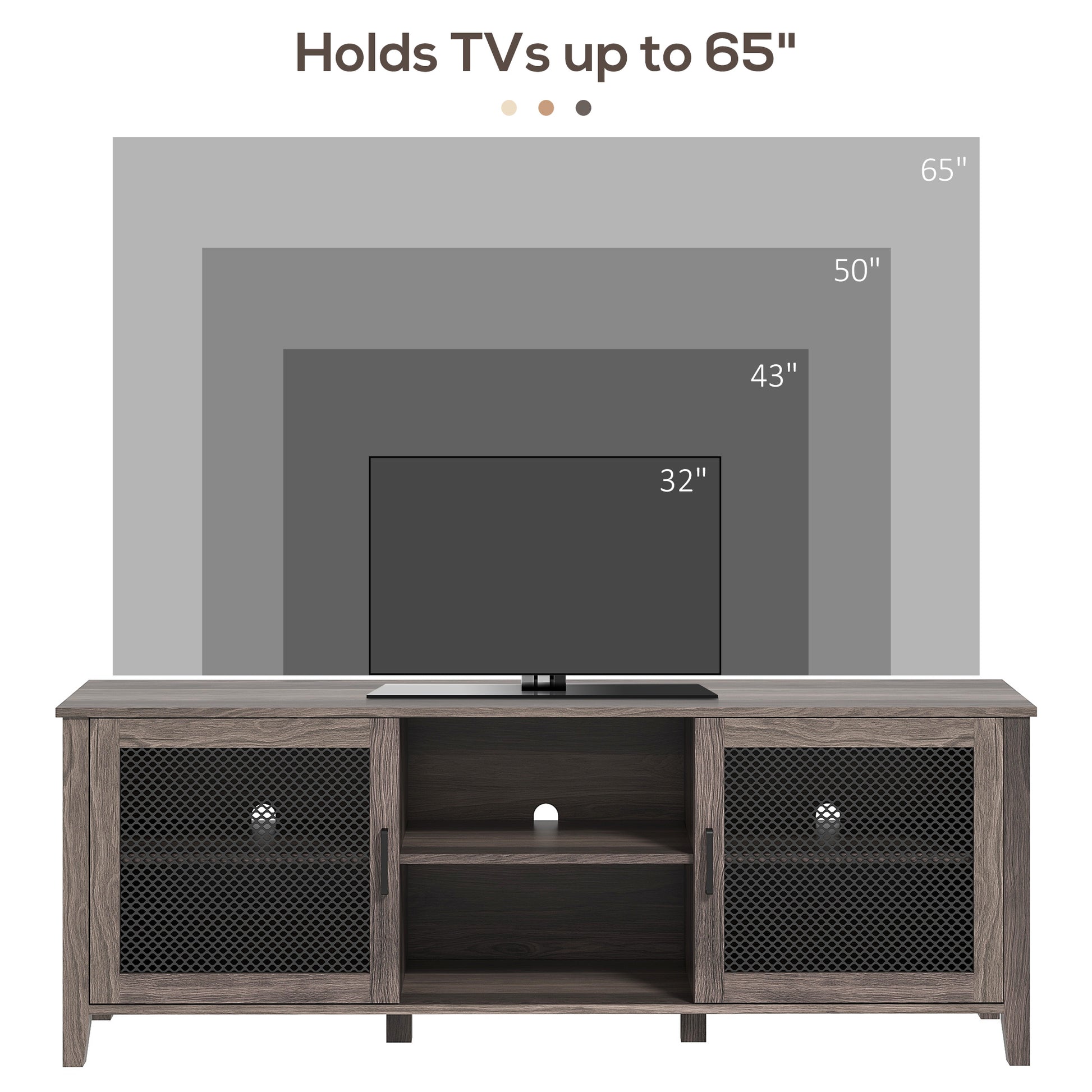 Industrial Tv Cabinet Stand For Tvs Up To 65", Entertainment Center With Mesh Doors And Shelves For Living Room, Brown Brown Particle Board