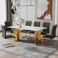 Modern Minimalist Dining Table. The White Imitation Marble Glass Desktop Is Equipped With Golden Metal Legs. Suitable For Restaurants And Living Rooms 71 