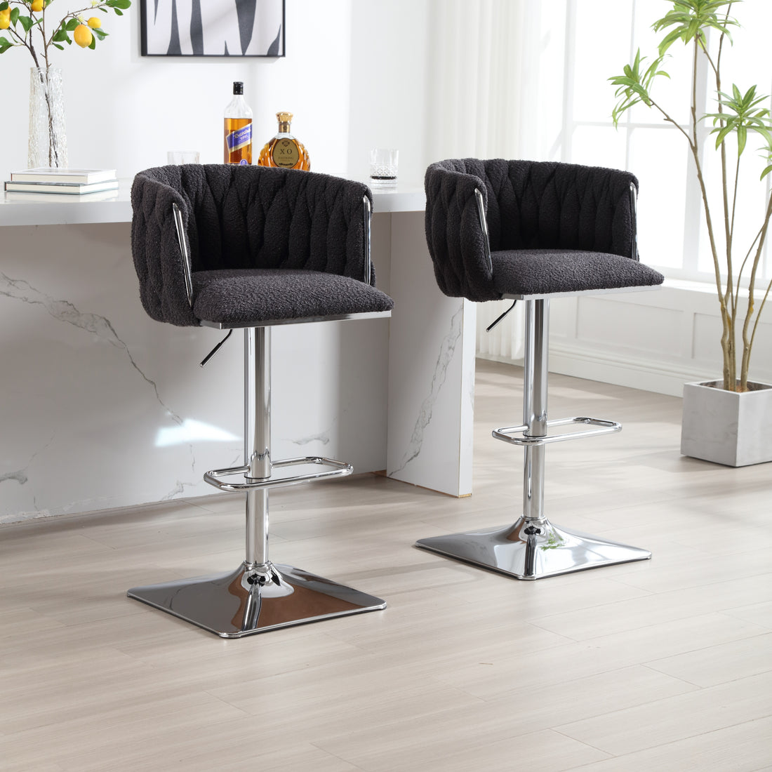 Coolmore Vintage Bar Stools With Back And Footrest Counter Height Dining Chairs 2Pc Set Black Boucle