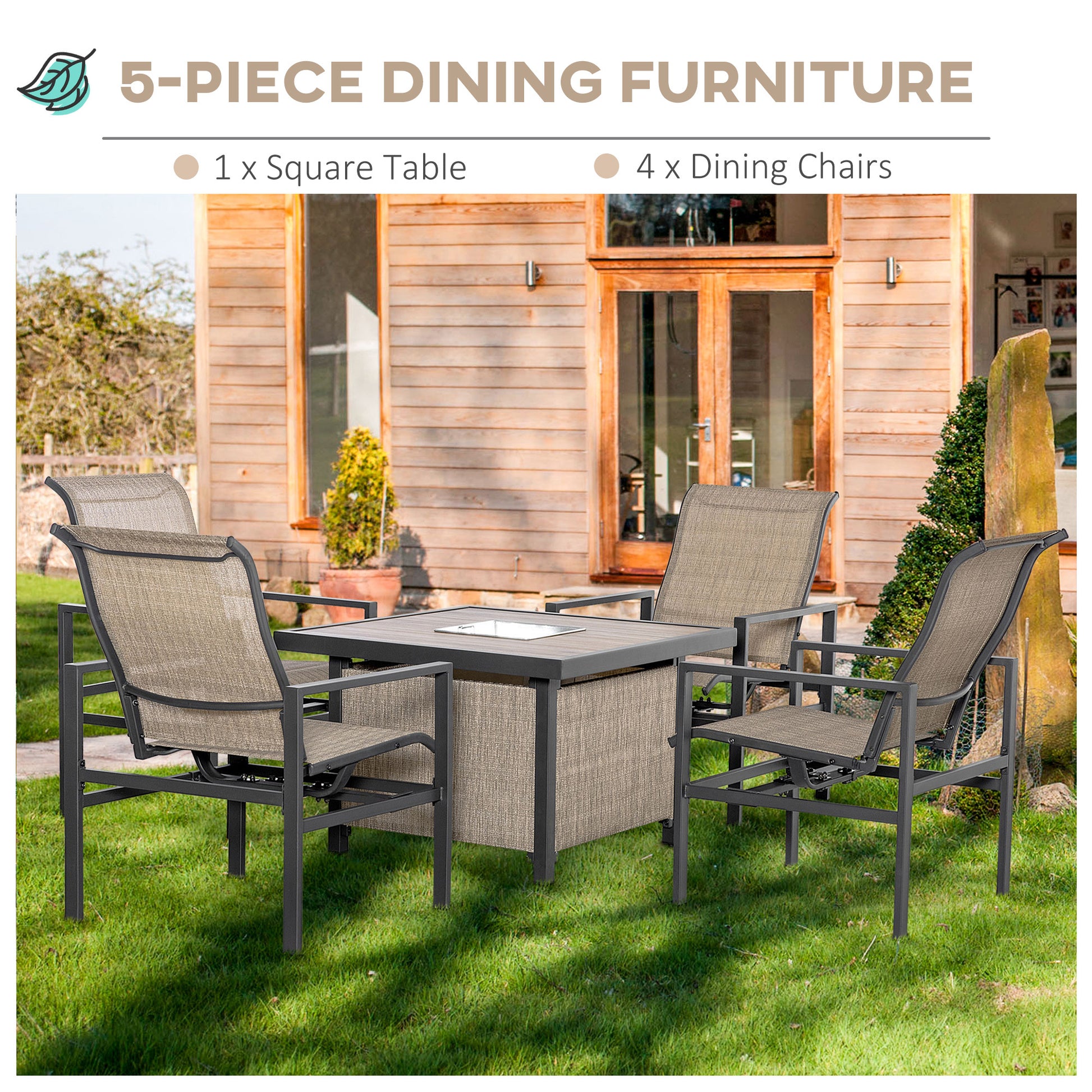 5 Piece Garden Patio Dining Set, Steel, Outdoor Conversation Set, Square Dinner Table With Built In Ice Bucket Insert, 4 Rocking Chairs For Garden, Lawn, Backyard, Beige Beige Steel