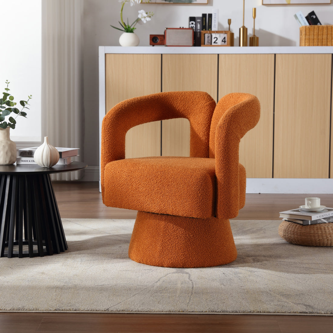 Coolmore 360 Degree Swivel Cuddle Barrel Accent Chairs, Round Armchairs With Wide Upholstered, Fluffy Fabric Chair For Living Room, Bedroom, Office, Waiting Rooms Orange Boucle Orange Foam Boucle