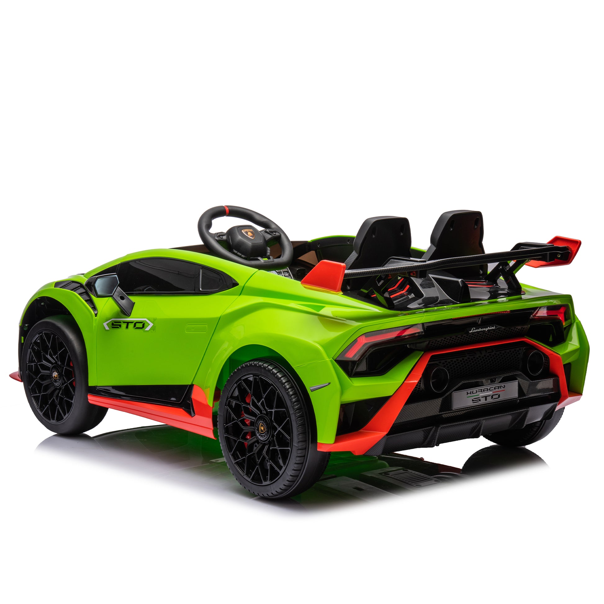 Lamborghini Huracan Sto 24V Kids Electric Ride On Drift Car: Speeds 1.86 5.59 Mph, Ages 3 8, Foam Front Wheels, 360 Spin, Led Lights, Dynamic Music, Early Learning, Usb Port, Drift Feature Green Polypropylene