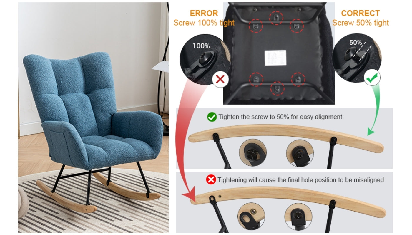 Rocking Chair With Pocket, Soft Teddy Fabric Rocking Chair For Nursery, Comfy Wingback Glider Rocker With Safe Solid Wood Base For Living Room Bedroom Balcony Blue Blue Casual Foam Teddy