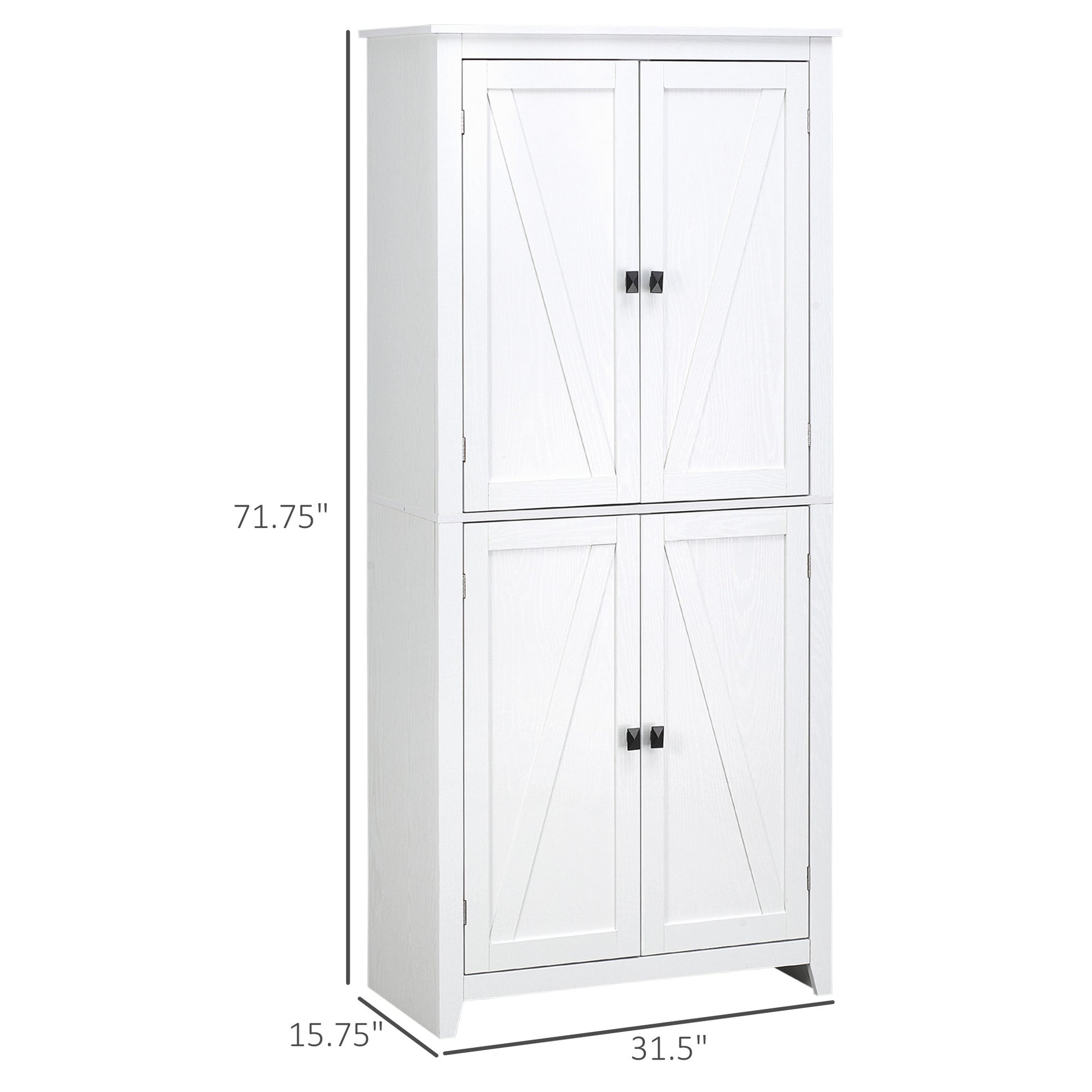 72" Freestanding 4 Door Kitchen Pantry, Storage Cabinet Organizer With 4 Tiers, And Adjustable Shelves, White White Mdf