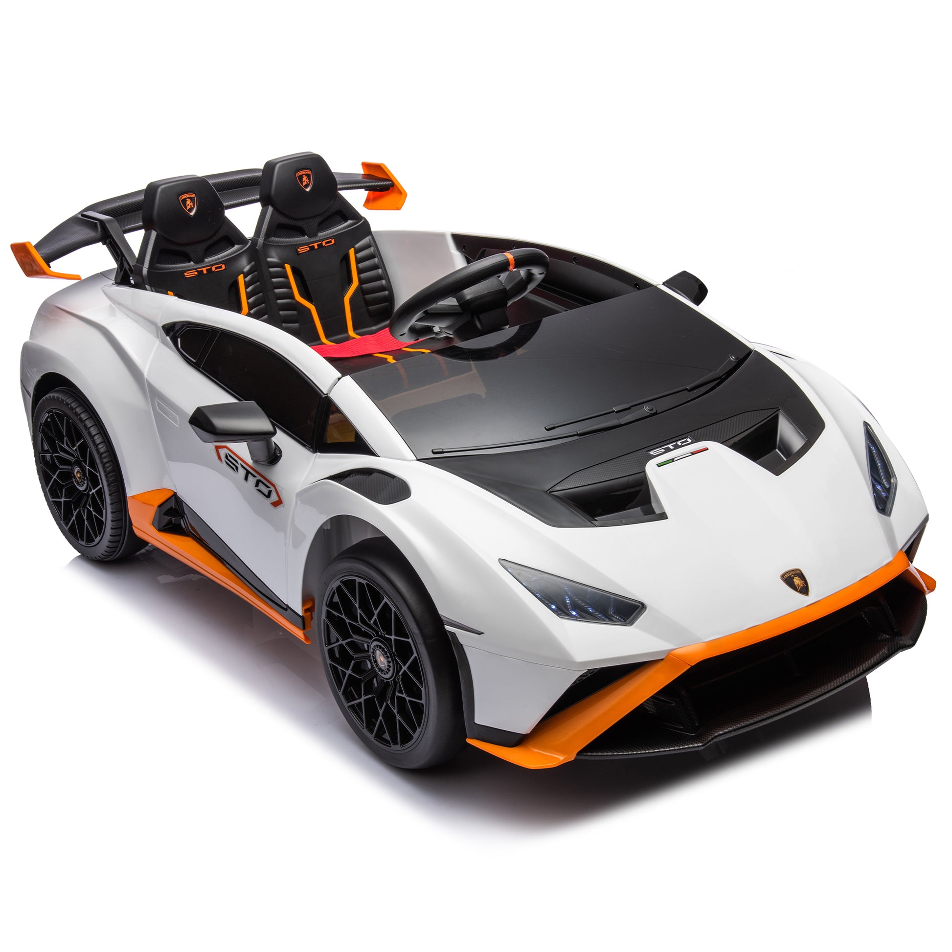 Lamborghini Huracan Sto 24V Kids Electric Ride On Drift Car: Speeds 1.86 5.59 Mph, Ages 3 8, Foam Front Wheels, 360 Spin, Led Lights, Dynamic Music, Early Learning, Usb Port, Drift Feature White Polypropylene